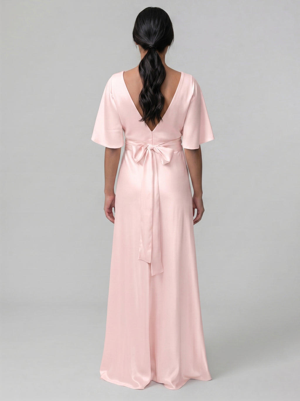 Modest Blushing Pink Satin Sheath V-Neck V-Back Ankle-Length Bridesmaid Dress