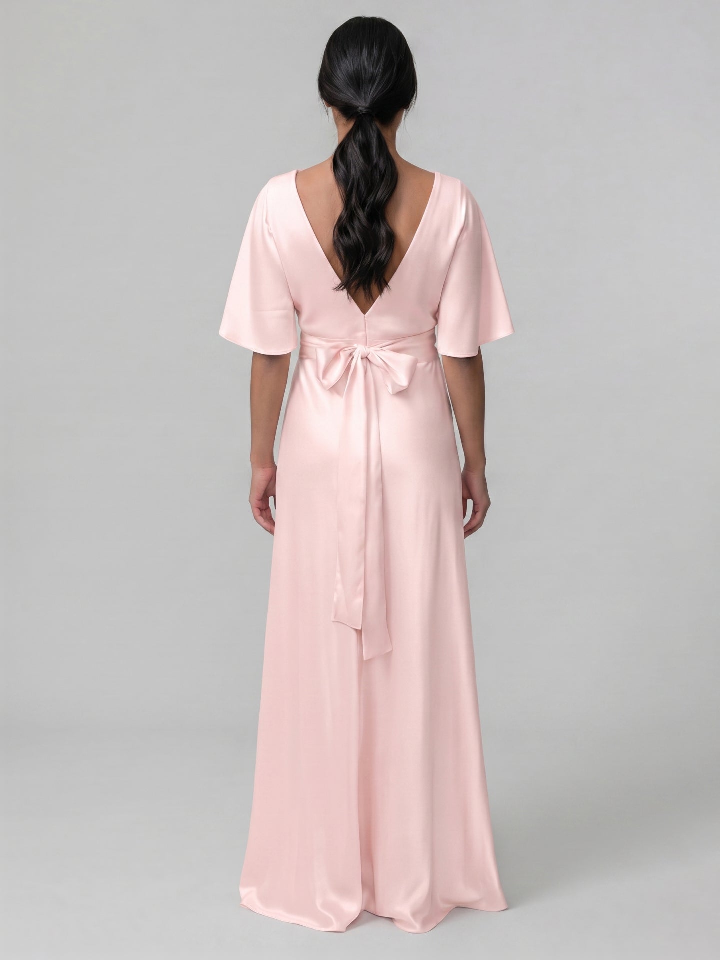 Modest Blushing Pink Satin Sheath V-Neck V-Back Ankle-Length Bridesmaid Dress