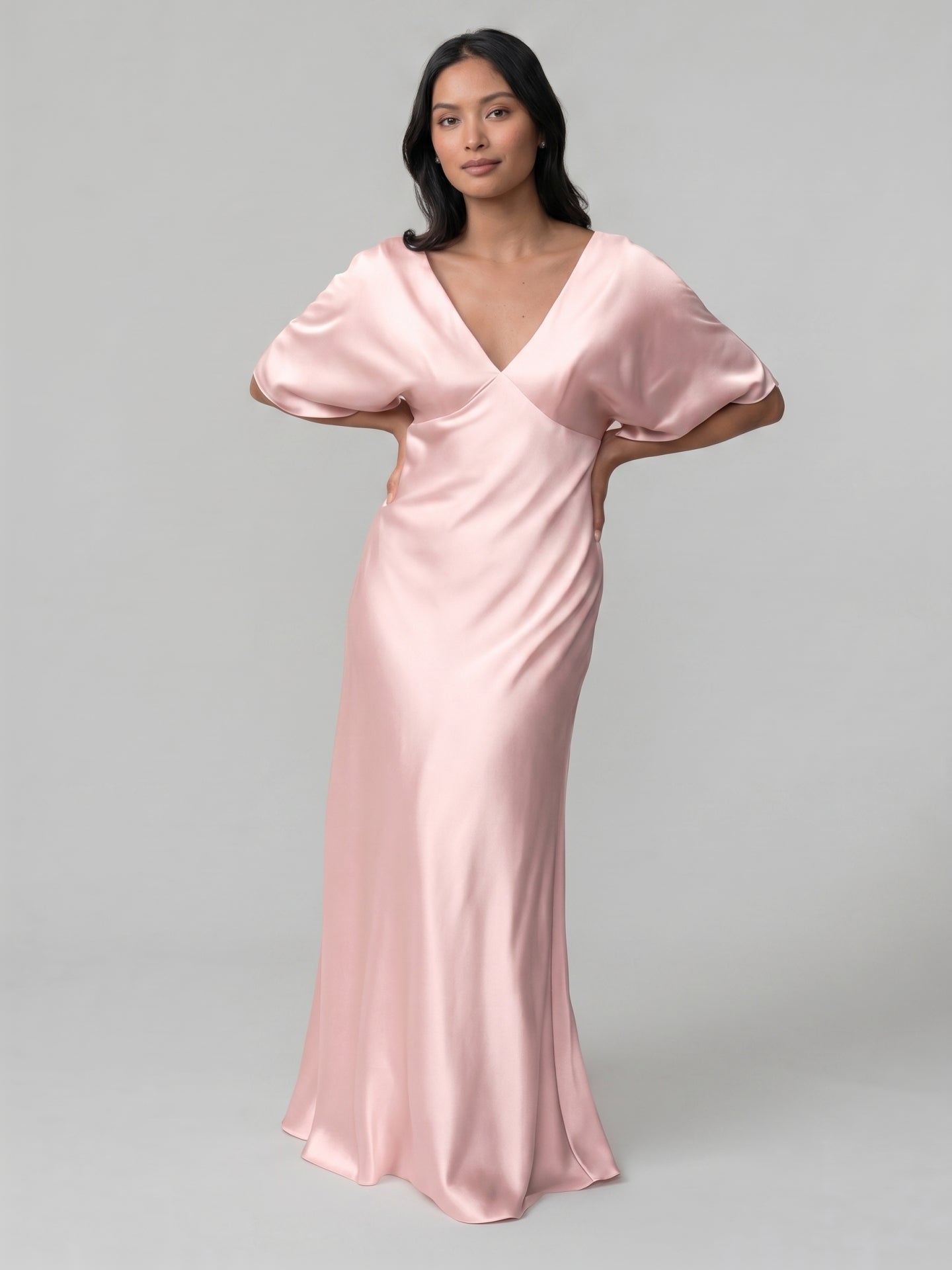 Modest Blushing Pink Satin Sheath V-Neck V-Back Ankle-Length Bridesmaid Dress