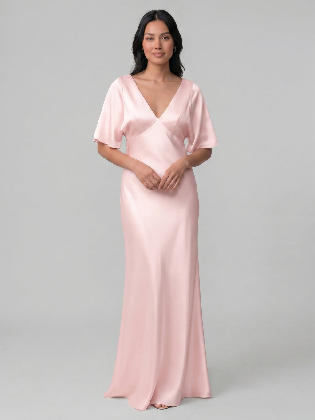 Modest Blushing Pink Satin Sheath V-Neck V-Back Ankle-Length Bridesmaid Dress
