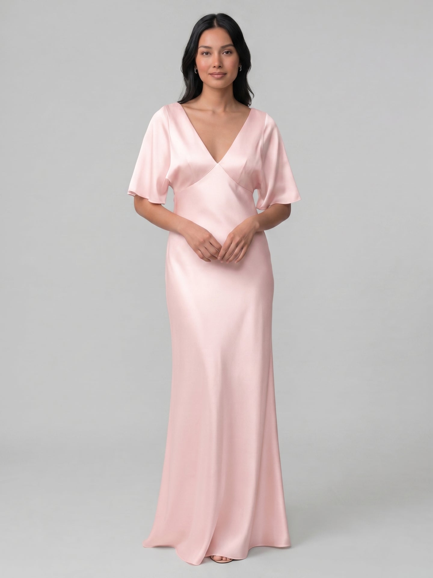 Modest Blushing Pink Satin Sheath V-Neck V-Back Ankle-Length Bridesmaid Dress