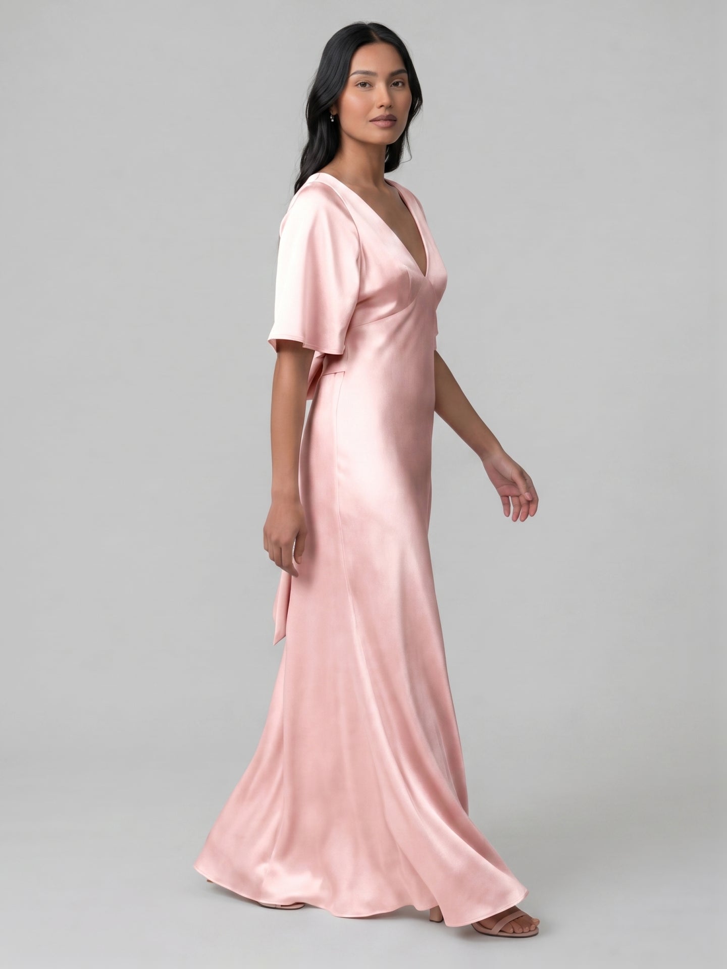 Modest Blushing Pink Satin Sheath V-Neck V-Back Ankle-Length Bridesmaid Dress
