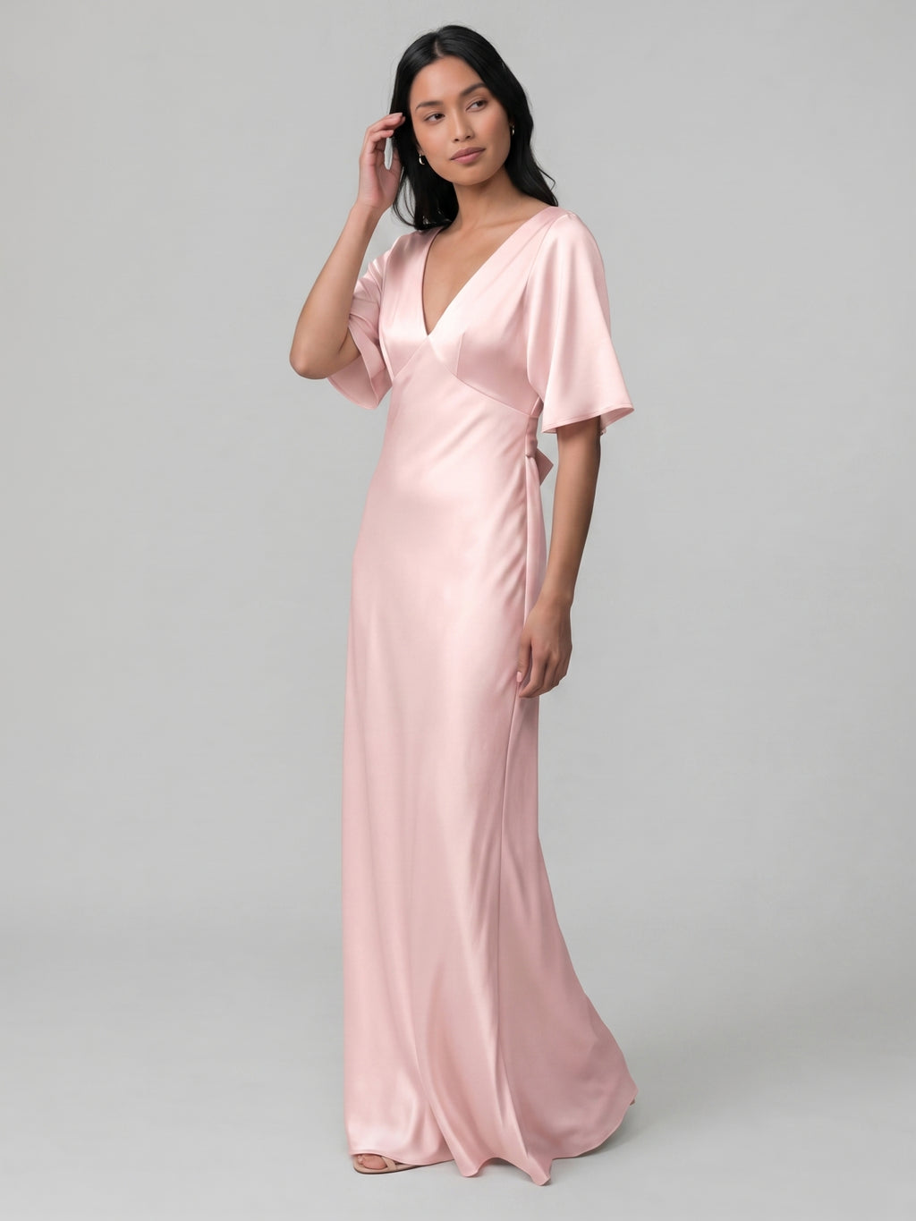 Modest Blushing Pink Satin Sheath V-Neck V-Back Ankle-Length Bridesmaid Dress
