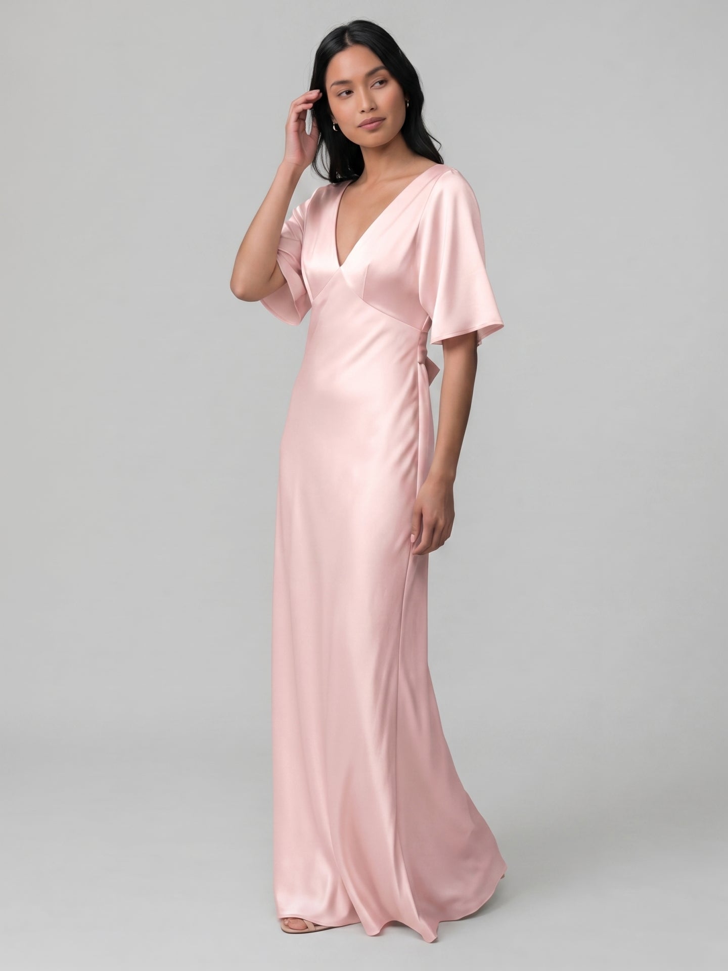 Modest Blushing Pink Satin Sheath V-Neck V-Back Ankle-Length Bridesmaid Dress