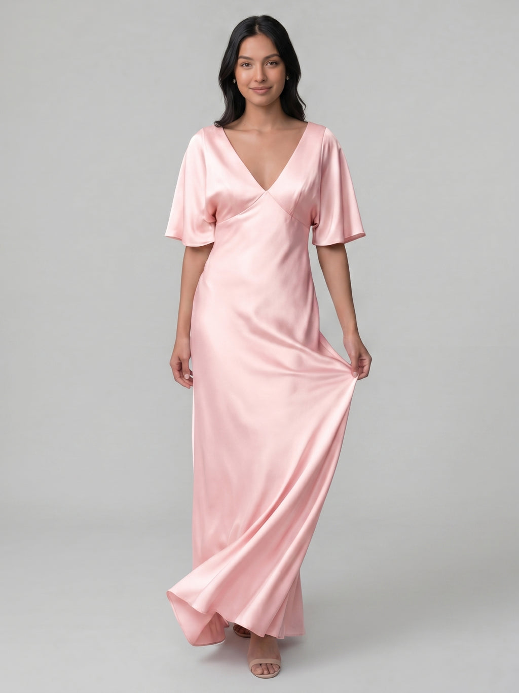 Modest Blushing Pink Satin Sheath V-Neck V-Back Ankle-Length Bridesmaid Dress