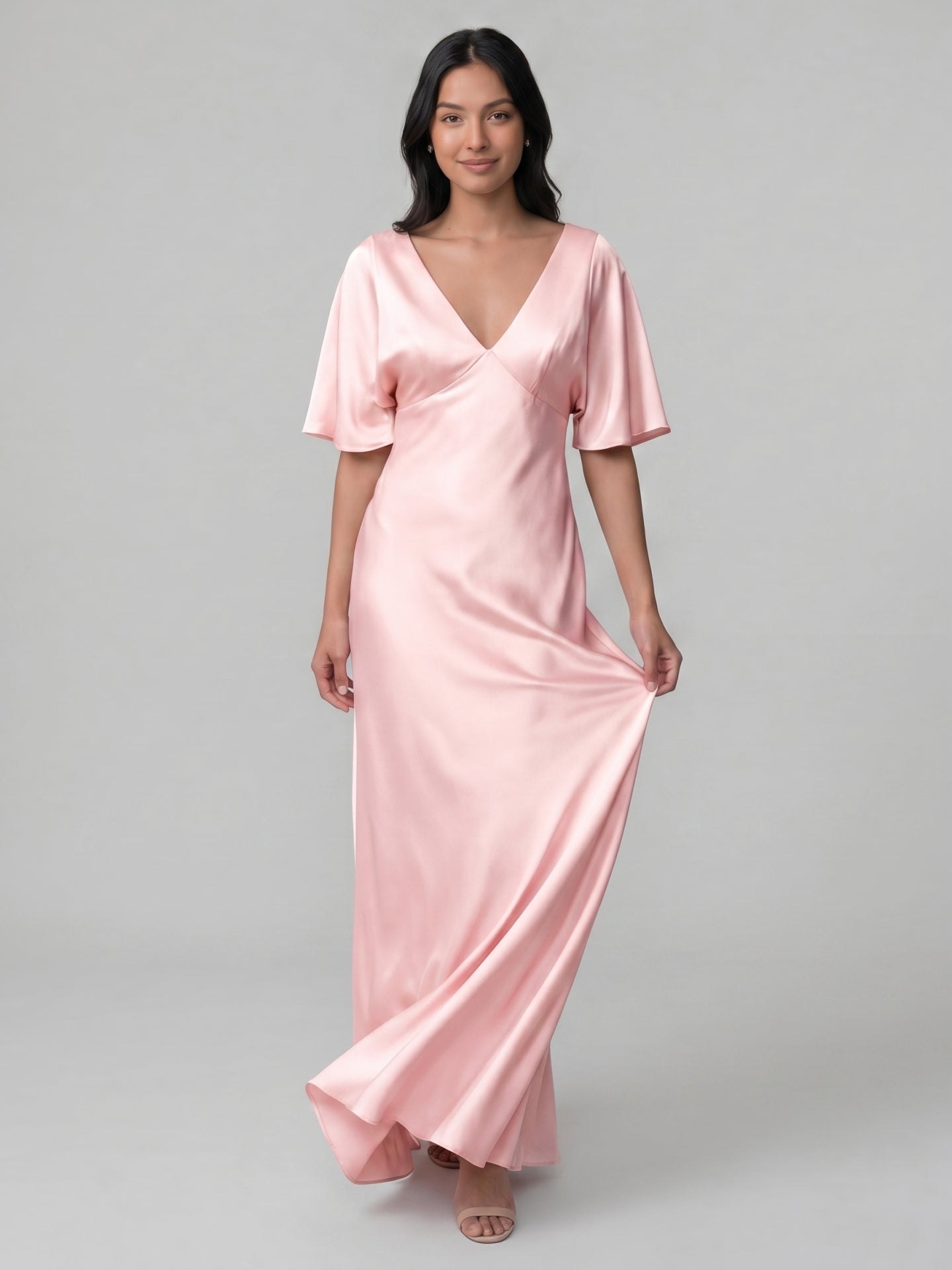 Modest Blushing Pink Satin Sheath V-Neck V-Back Ankle-Length Bridesmaid Dress