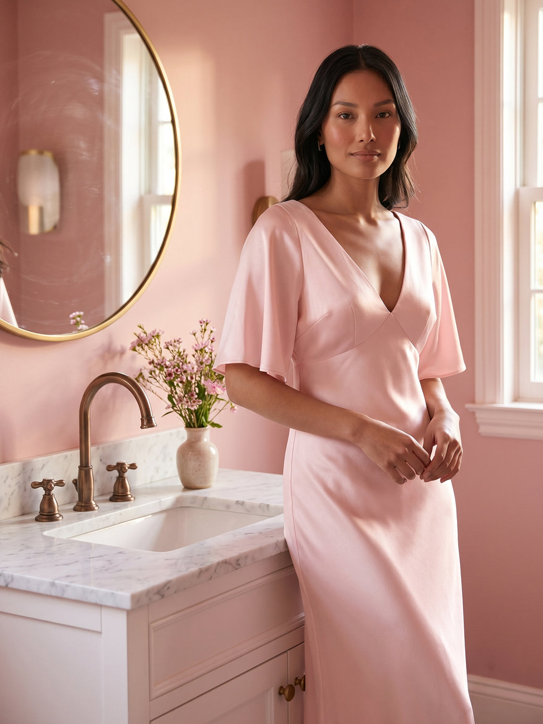 Modest Blushing Pink Satin Sheath V-Neck V-Back Ankle-Length Bridesmaid Dress