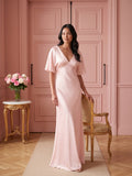 Modest Blushing Pink Satin Sheath V-Neck V-Back Ankle-Length Bridesmaid Dress