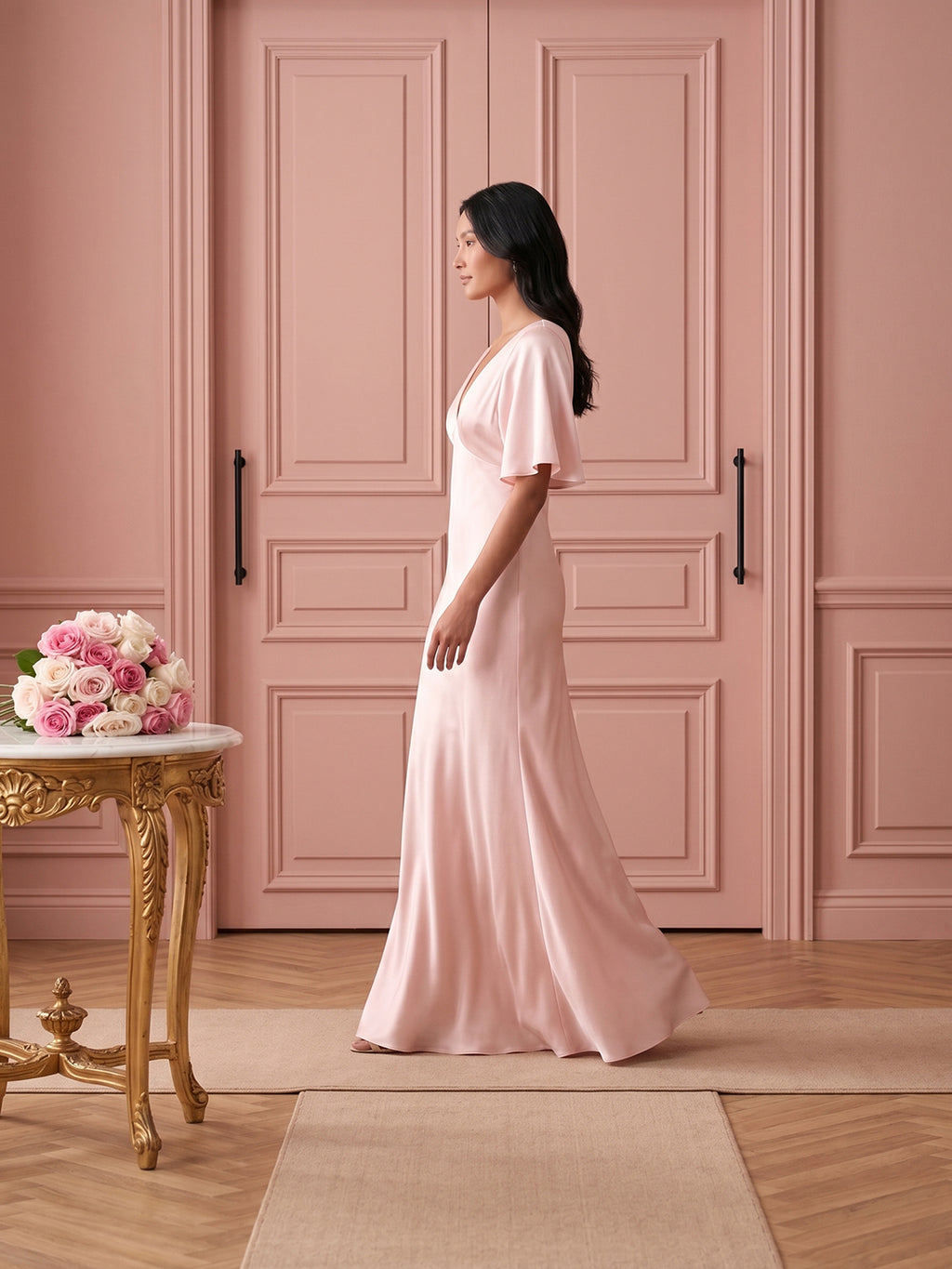 Modest Blushing Pink Satin Sheath V-Neck V-Back Ankle-Length Bridesmaid Dress