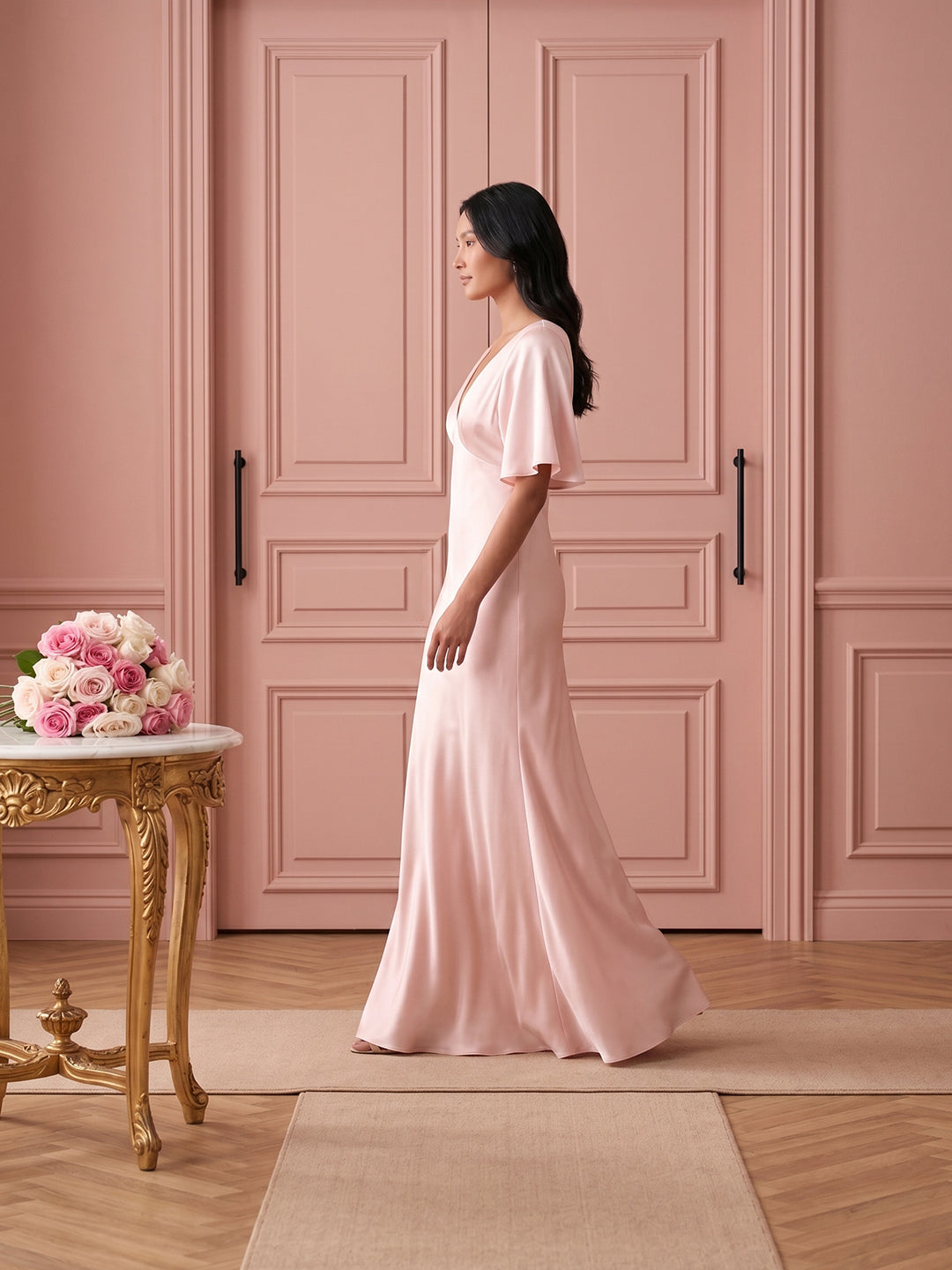 Modest Blushing Pink Satin Sheath V-Neck V-Back Ankle-Length Bridesmaid Dress