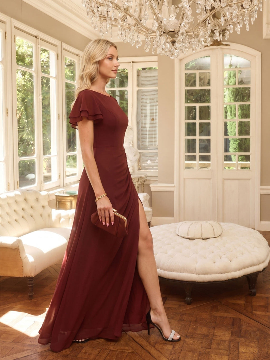 Modest Burgundy Chiffon A-Line Scoop Neck V-Back with nan Ankle-Length Bridesmaid Dress