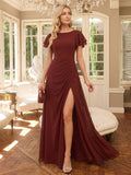 Modest Burgundy Chiffon A-Line Scoop Neck V-Back with nan Ankle-Length Bridesmaid Dress