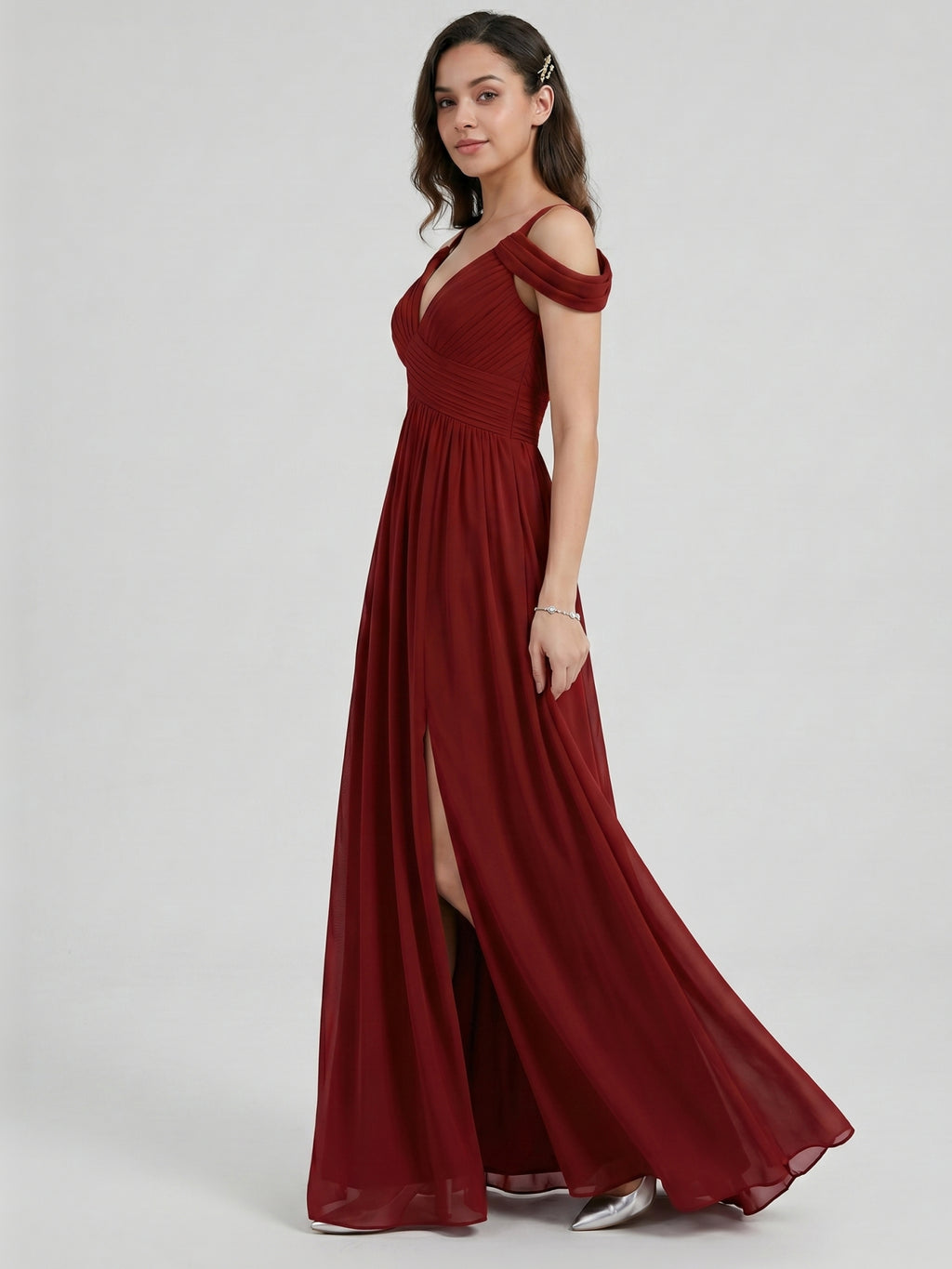Modest Burgundy Chiffon A-Line V-Neck Ankle-Length Bridesmaid Dress with Minimalist Design