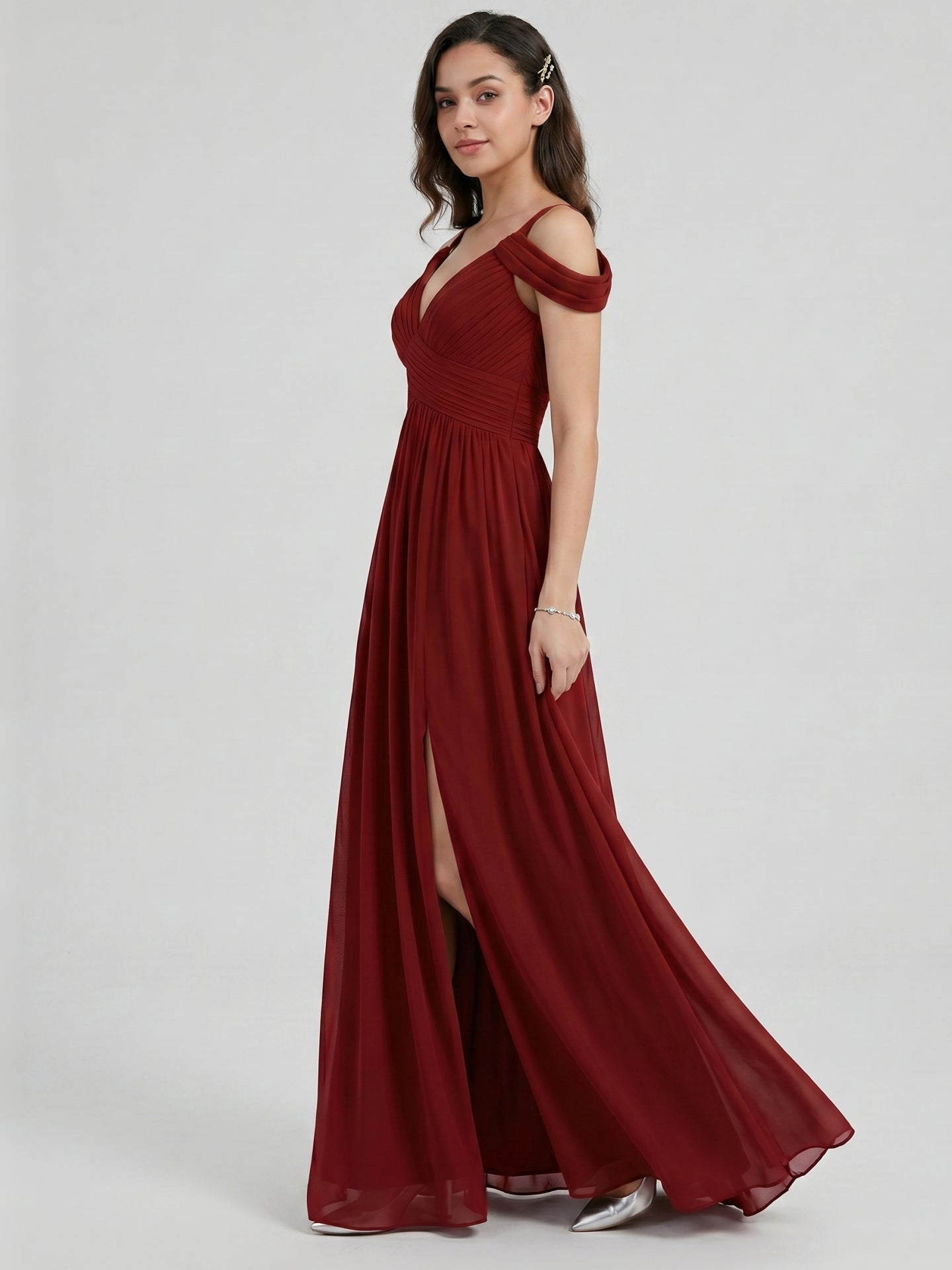 Modest Burgundy Chiffon A-Line V-Neck Ankle-Length Bridesmaid Dress with Minimalist Design