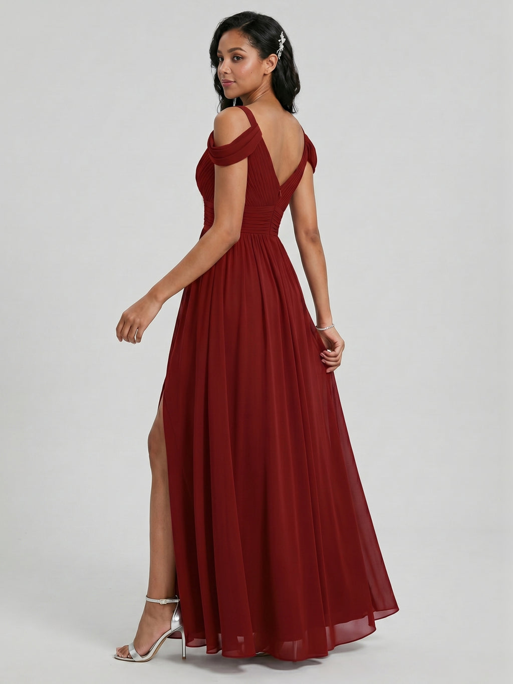 Modest Burgundy Chiffon A-Line V-Neck Ankle-Length Bridesmaid Dress with Minimalist Design