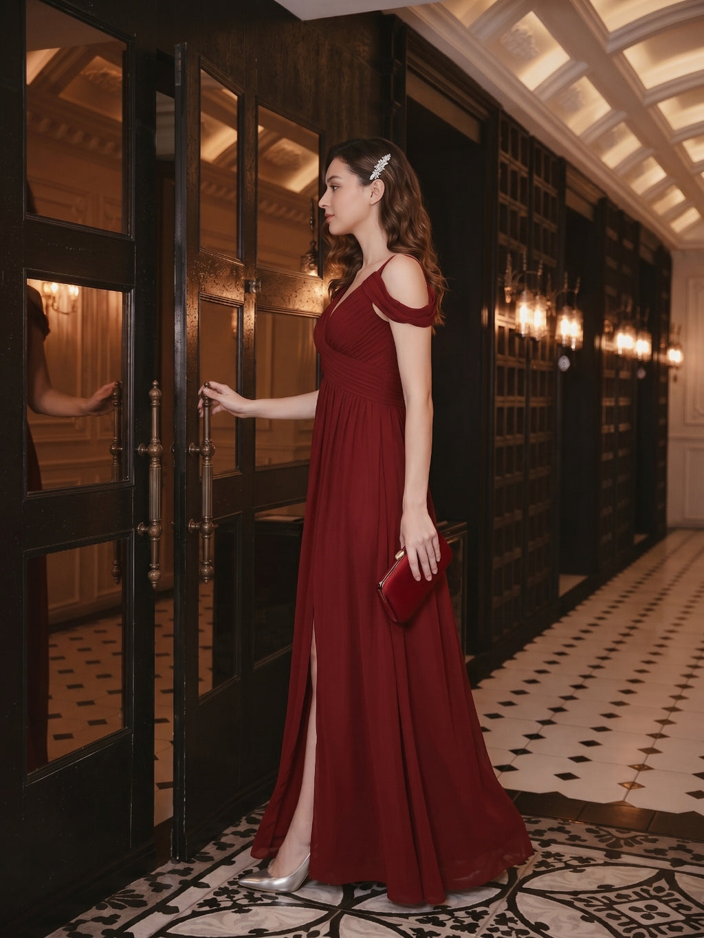 Modest Burgundy Chiffon A-Line V-Neck Ankle-Length Bridesmaid Dress with Minimalist Design