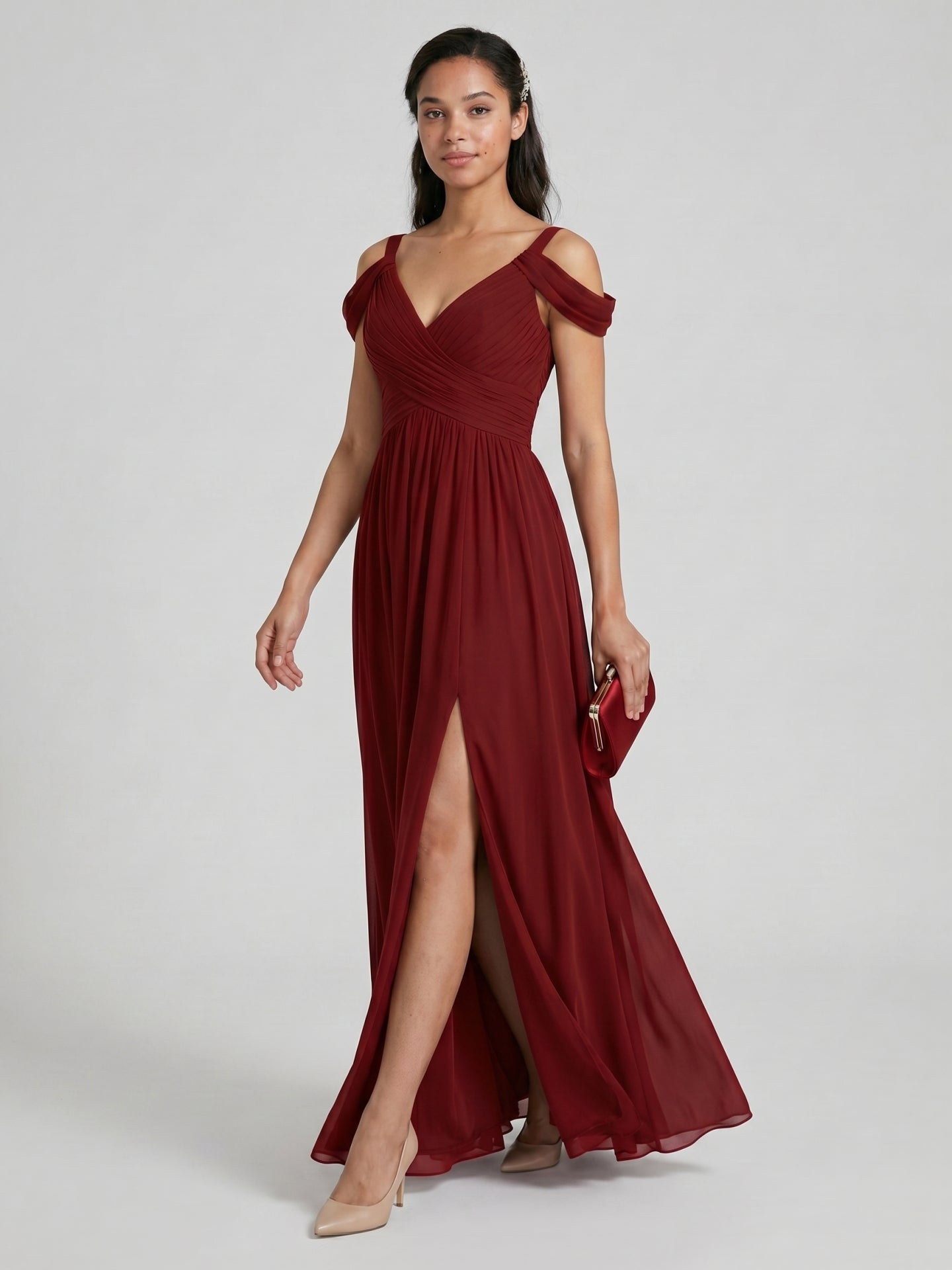 Modest Burgundy Chiffon A-Line V-Neck Ankle-Length Bridesmaid Dress with Minimalist Design