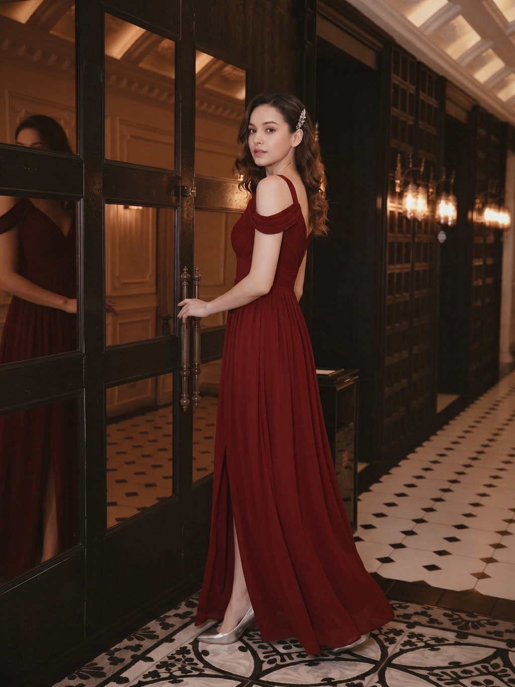 Modest Burgundy Chiffon A-Line V-Neck Ankle-Length Bridesmaid Dress with Minimalist Design