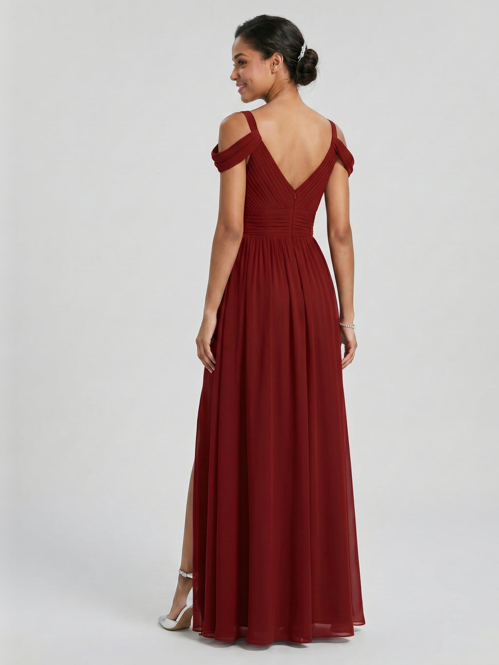 Modest Burgundy Chiffon A-Line V-Neck Ankle-Length Bridesmaid Dress with Minimalist Design