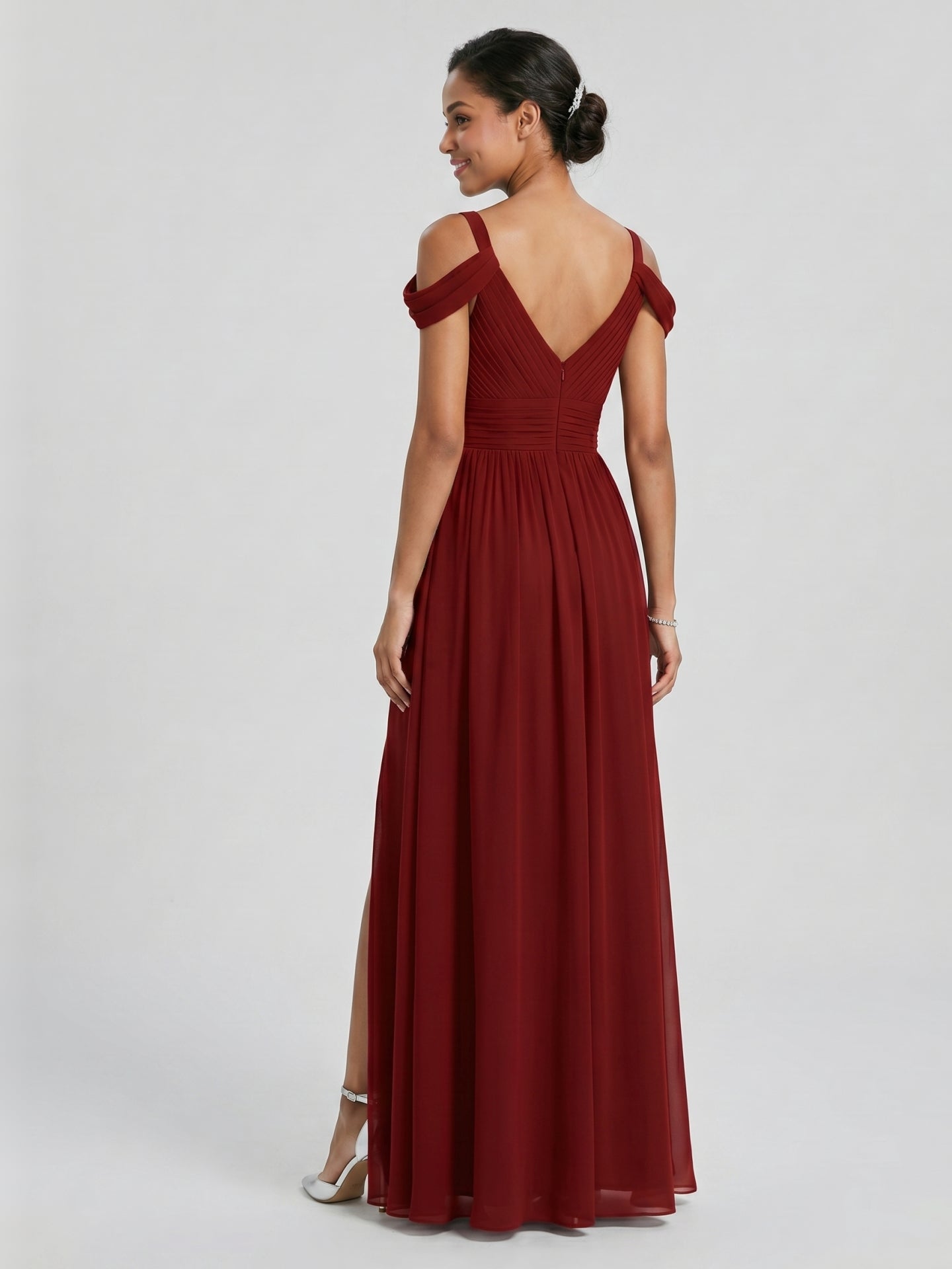 Modest Burgundy Chiffon A-Line V-Neck Ankle-Length Bridesmaid Dress with Minimalist Design