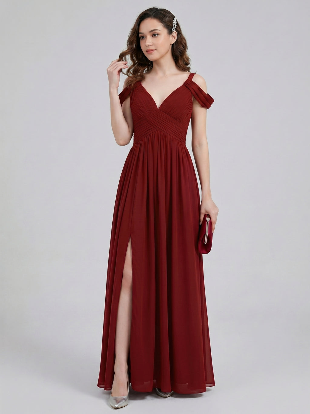 Modest Burgundy Chiffon A-Line V-Neck Ankle-Length Bridesmaid Dress with Minimalist Design