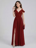 Modest Burgundy Chiffon A-Line V-Neck Ankle-Length Bridesmaid Dress with Minimalist Design