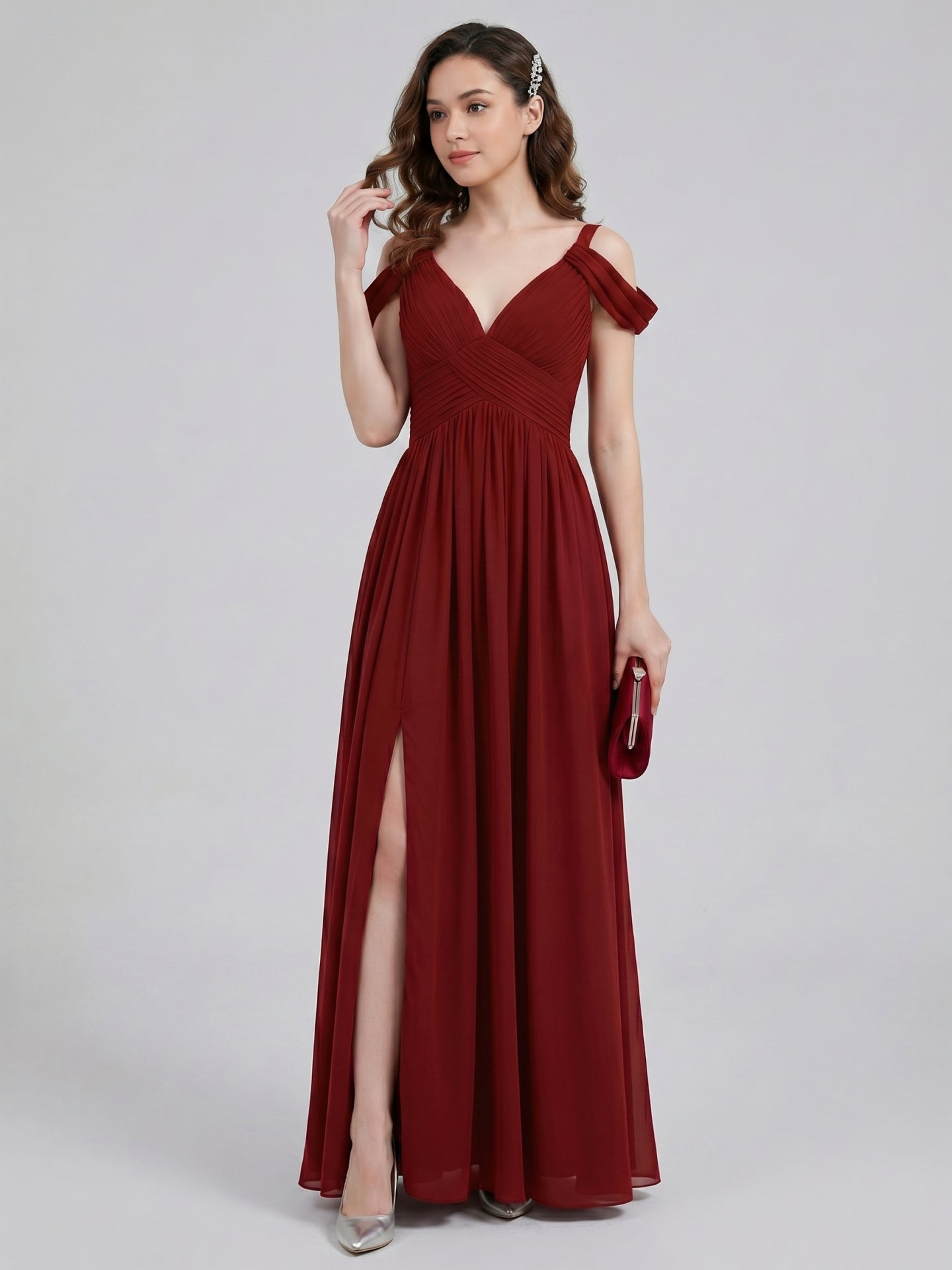 Modest Burgundy Chiffon A-Line V-Neck Ankle-Length Bridesmaid Dress with Minimalist Design