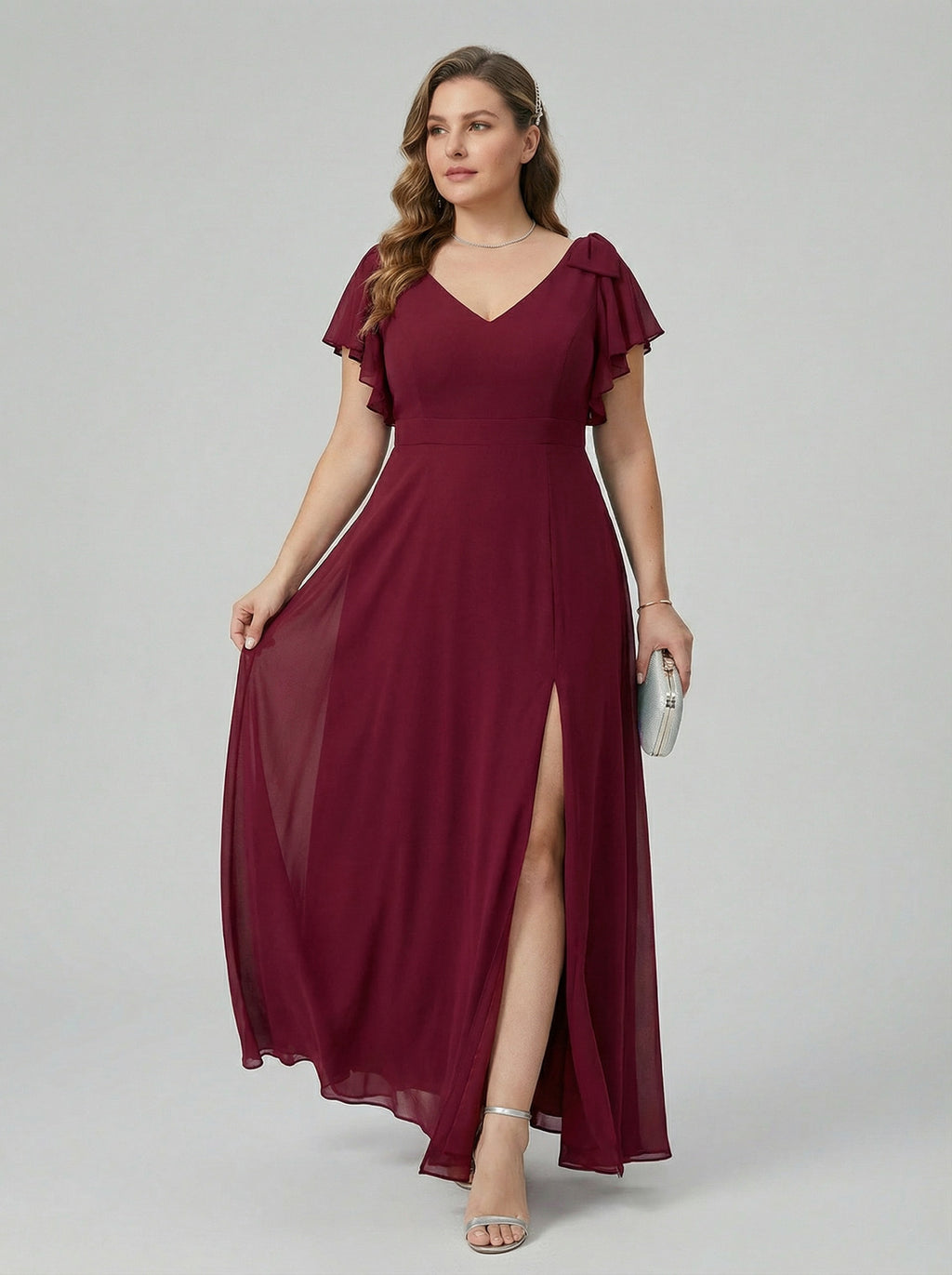 Modest Cabernet Chiffon A-Line V-Neck V-Back Ankle-Length Plus Size Bridesmaid Dress
