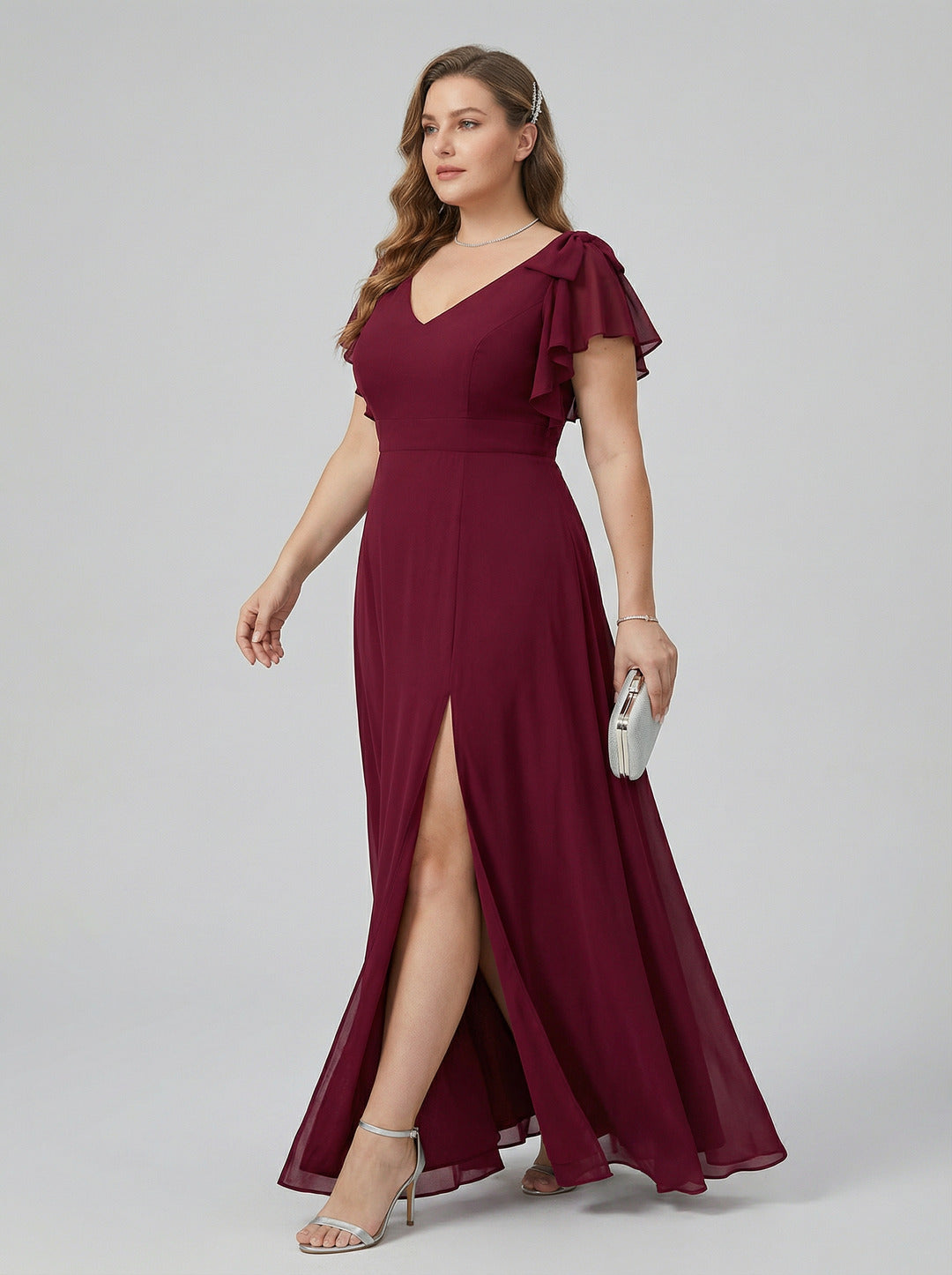 Modest Cabernet Chiffon A-Line V-Neck V-Back Ankle-Length Plus Size Bridesmaid Dress