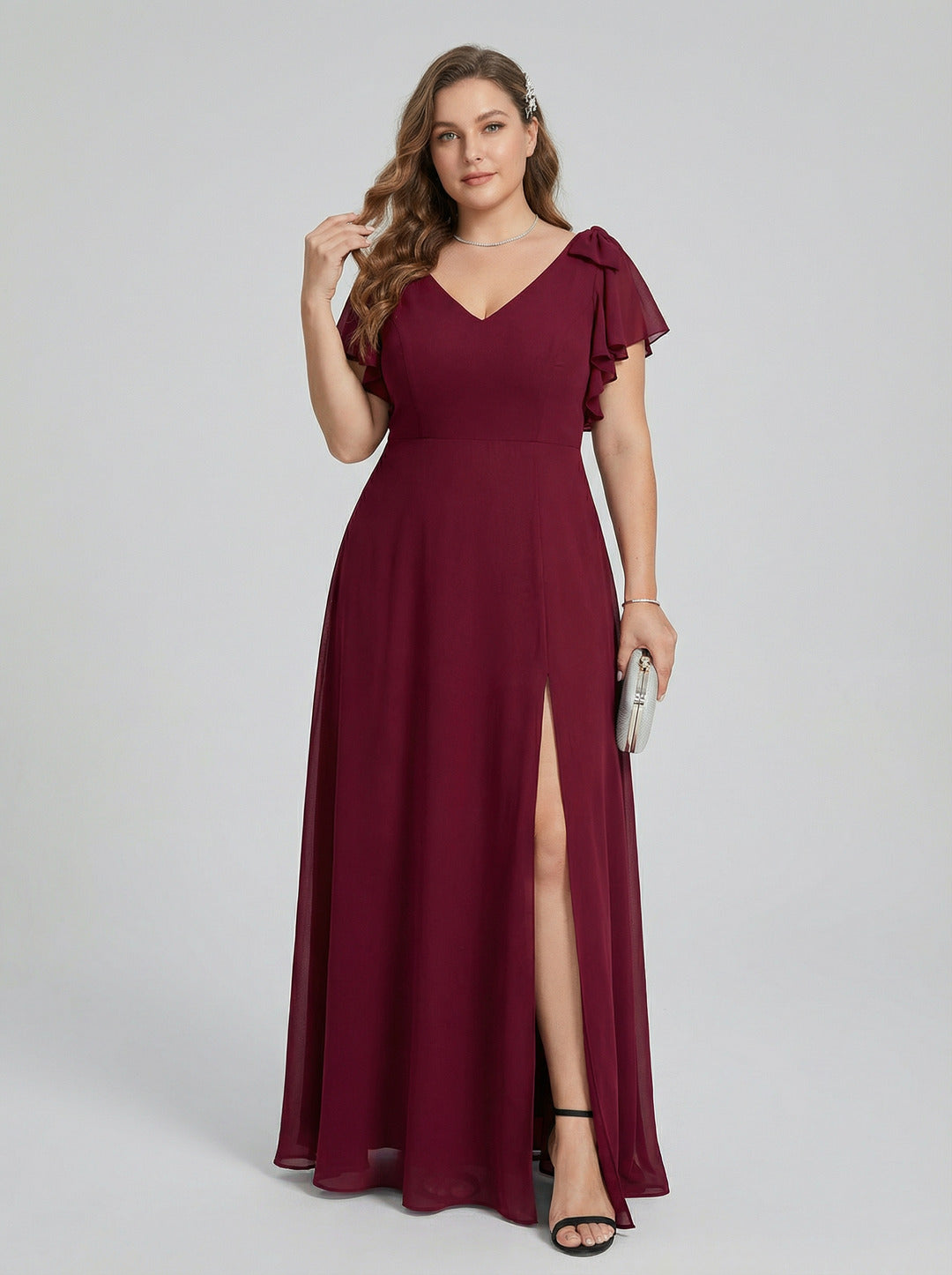 Modest Cabernet Chiffon A-Line V-Neck V-Back Ankle-Length Plus Size Bridesmaid Dress