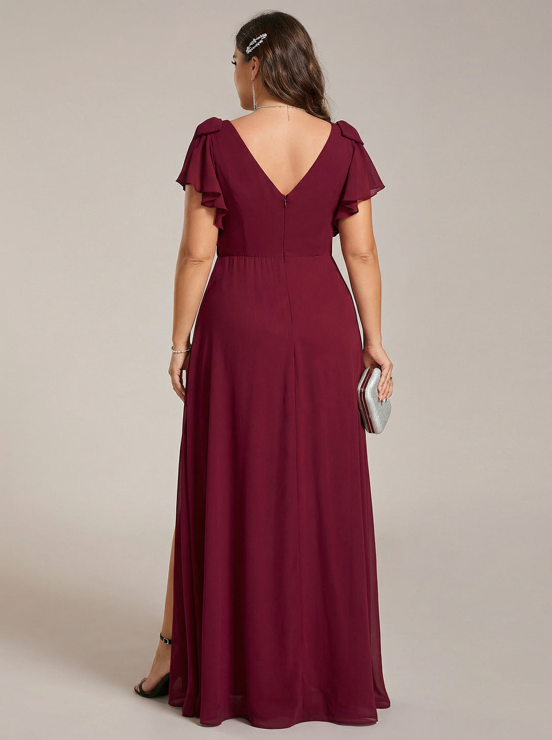 Modest Cabernet Chiffon A-Line V-Neck V-Back Ankle-Length Plus Size Bridesmaid Dress