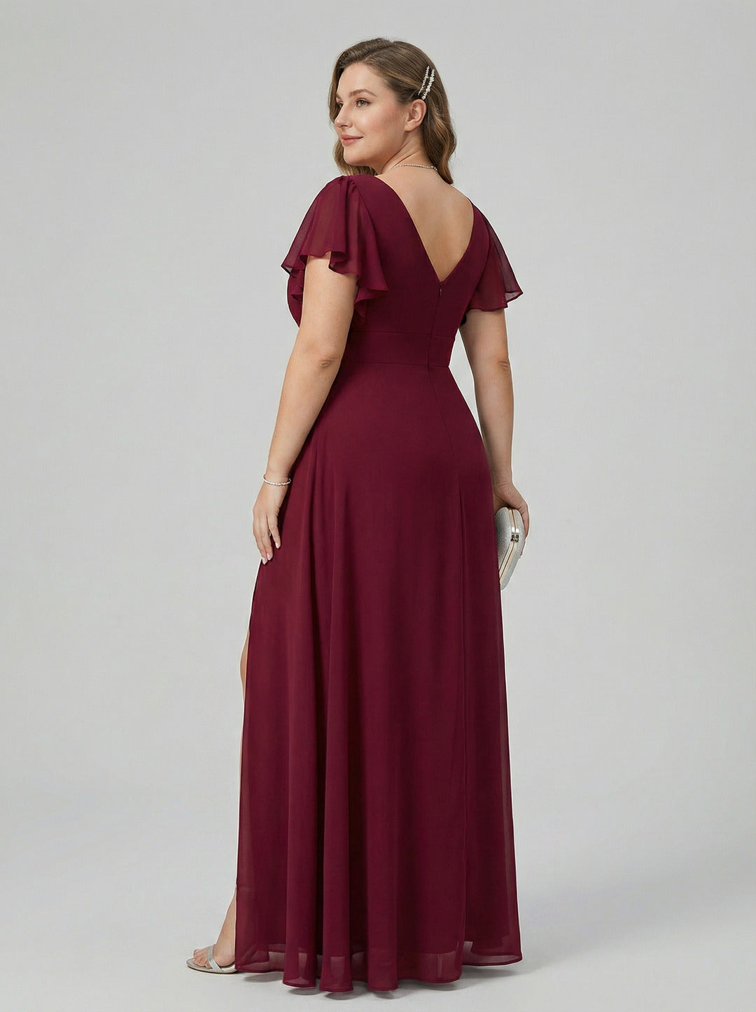 Modest Cabernet Chiffon A-Line V-Neck V-Back Ankle-Length Plus Size Bridesmaid Dress