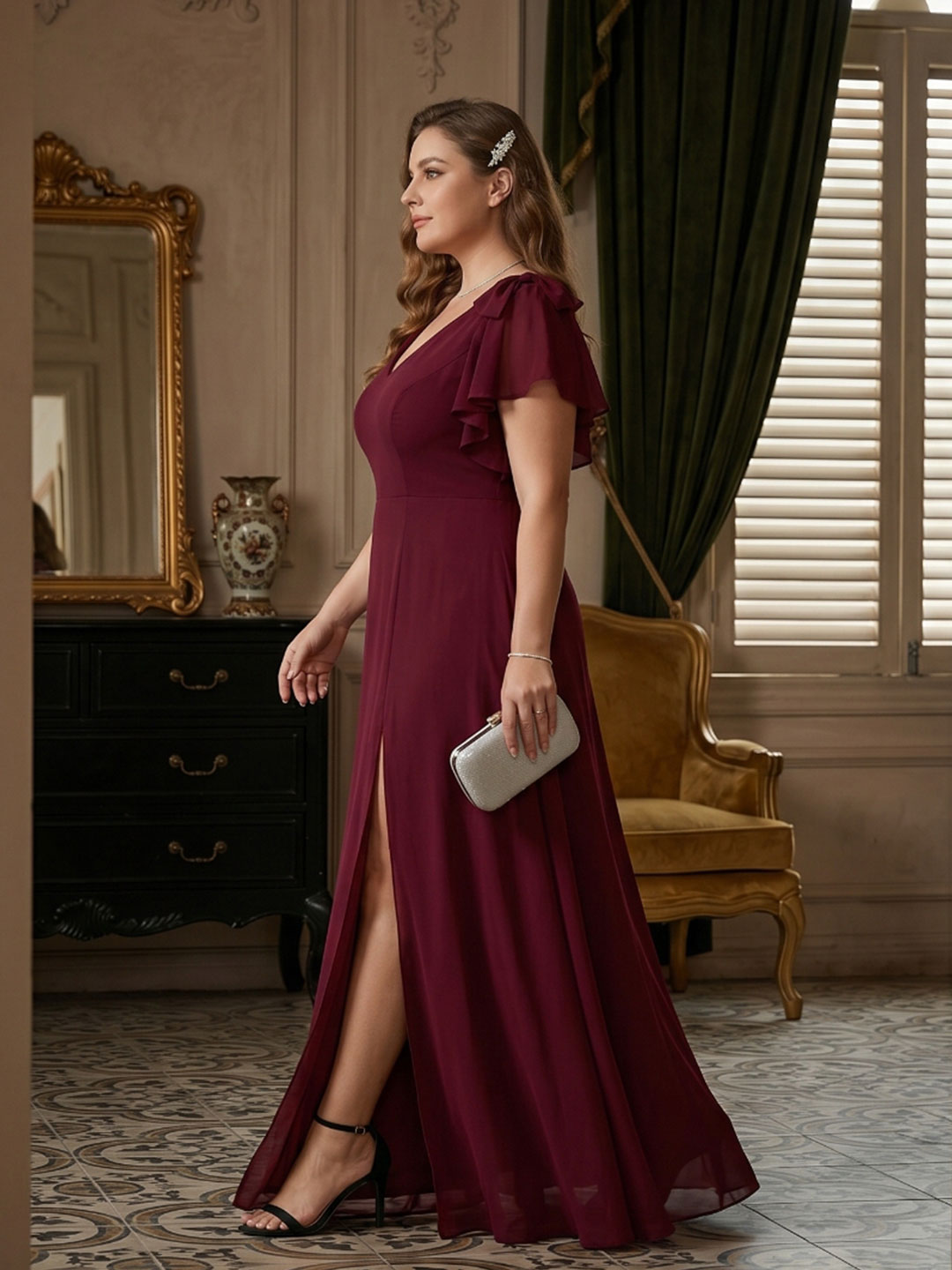 Modest Cabernet Chiffon A-Line V-Neck V-Back Ankle-Length Plus Size Bridesmaid Dress