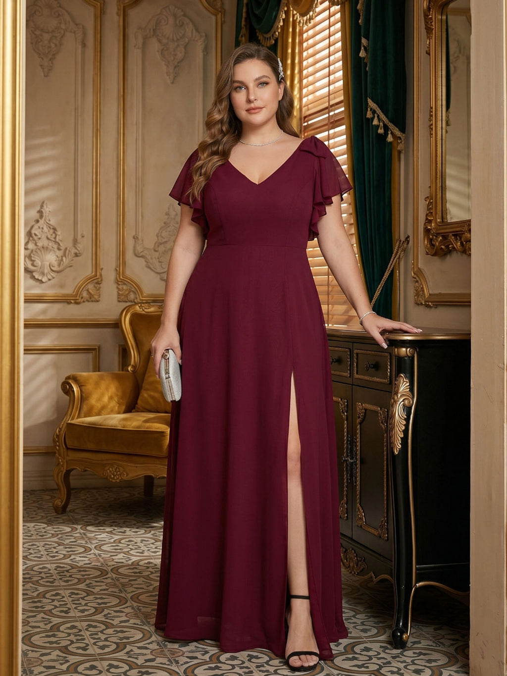 Modest Cabernet Chiffon A-Line V-Neck V-Back Ankle-Length Plus Size Bridesmaid Dress