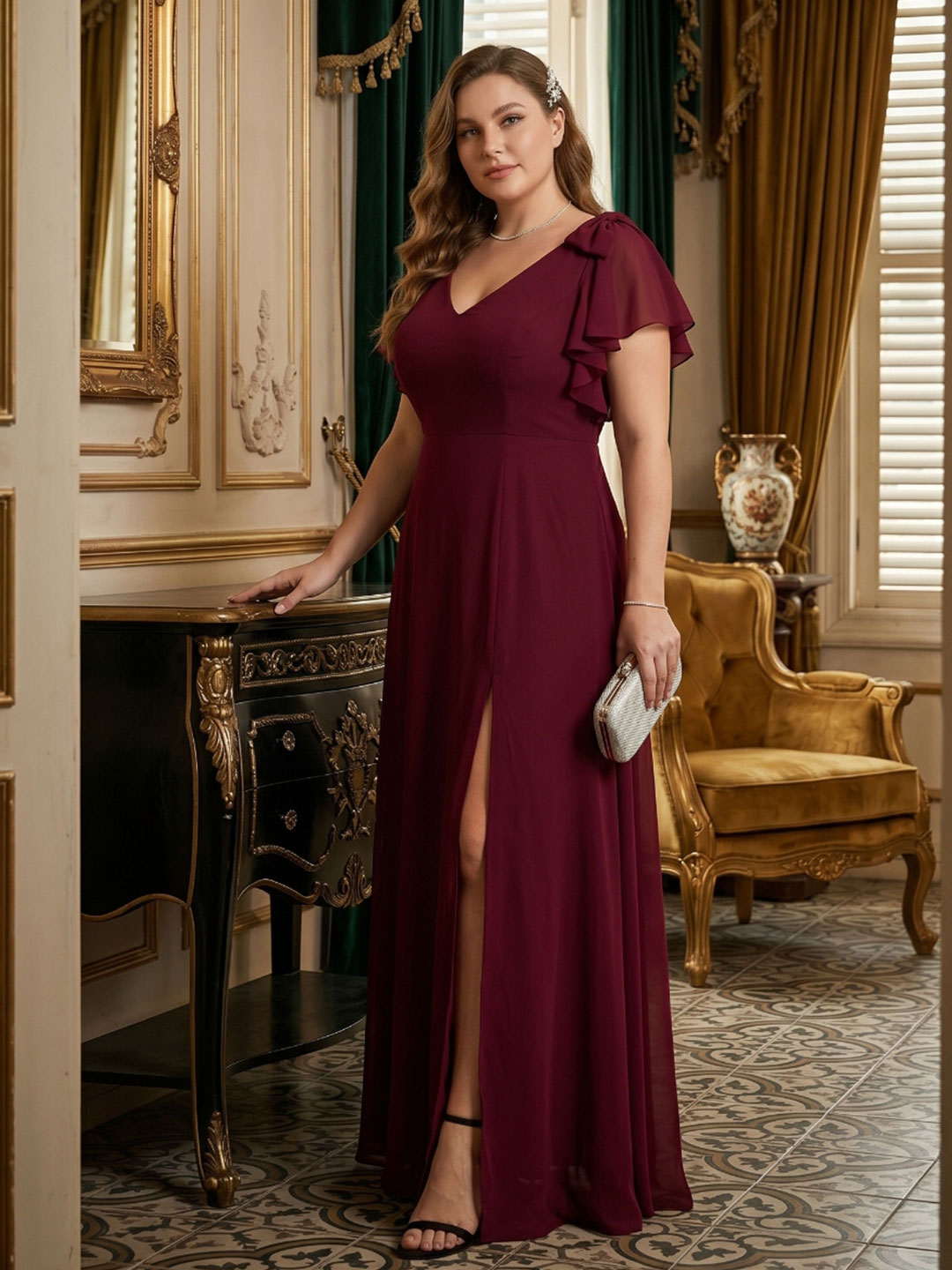 Modest Cabernet Chiffon A-Line V-Neck V-Back Ankle-Length Plus Size Bridesmaid Dress