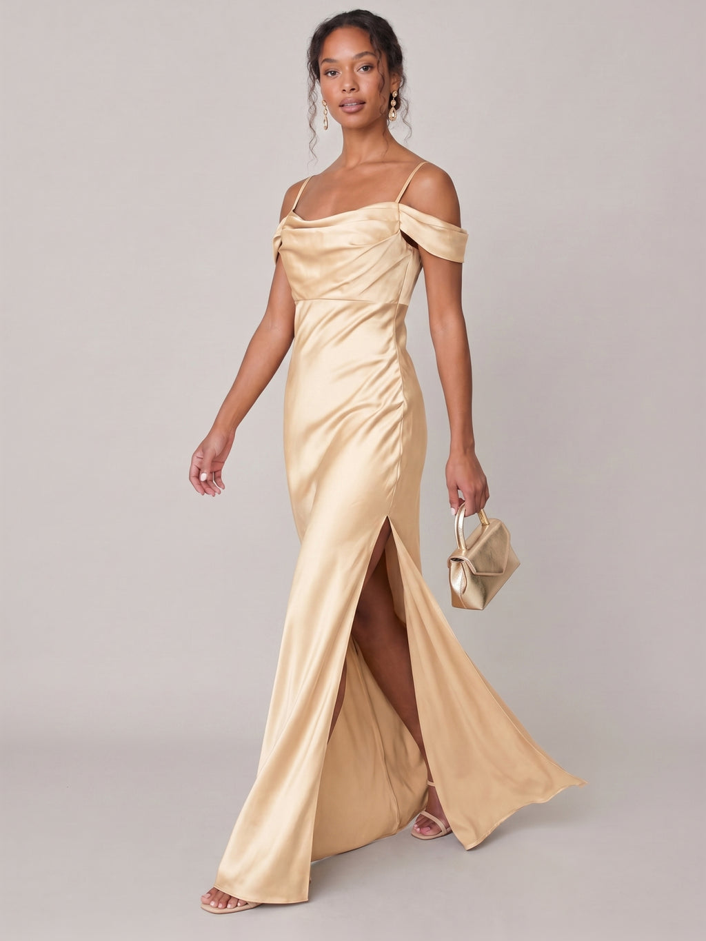 Modest Champagne Satin A-Line Straight Neck Backless Ankle-Length Bridesmaid Dress