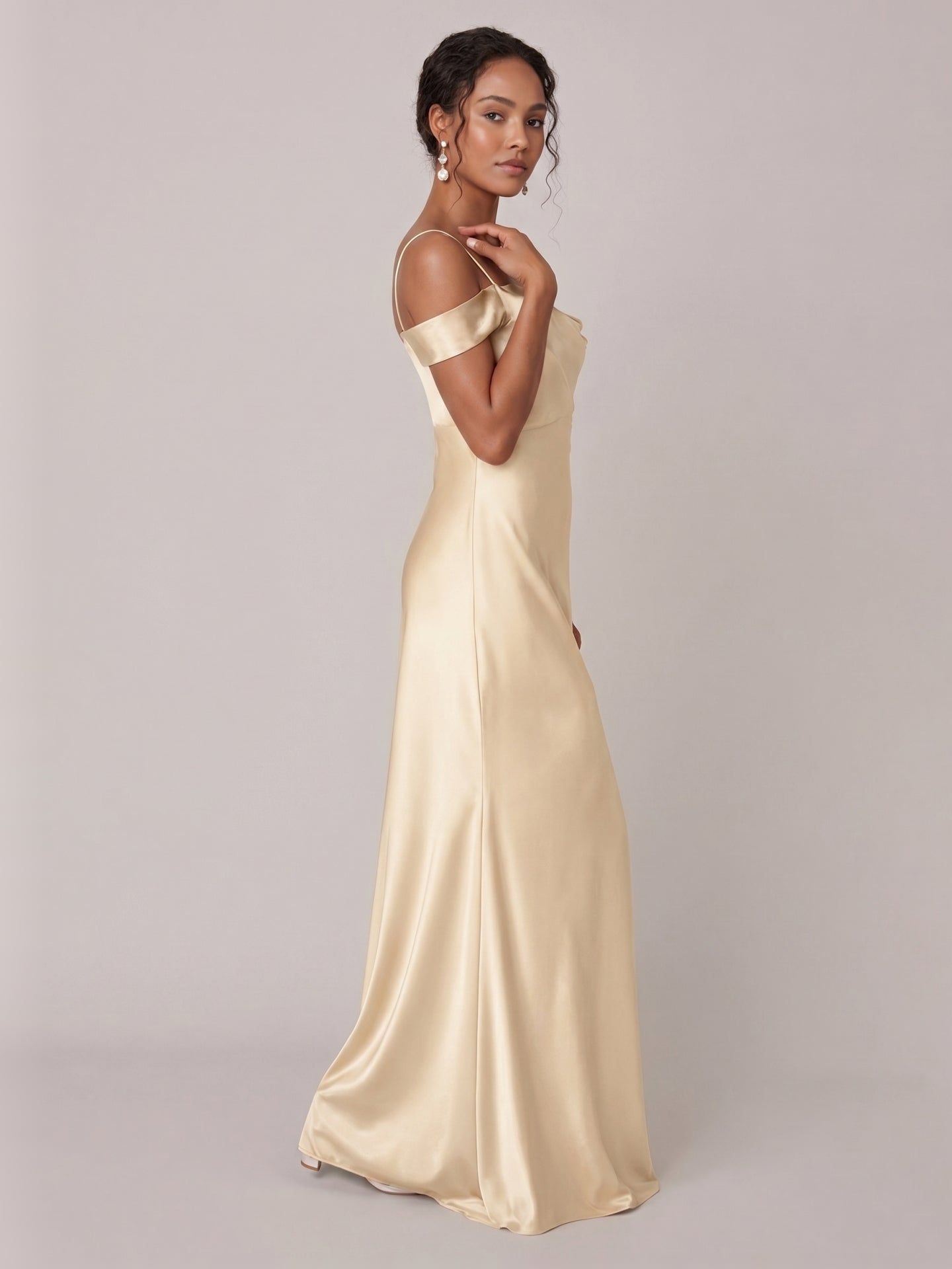 Modest Champagne Satin A-Line Straight Neck Backless Ankle-Length Bridesmaid Dress