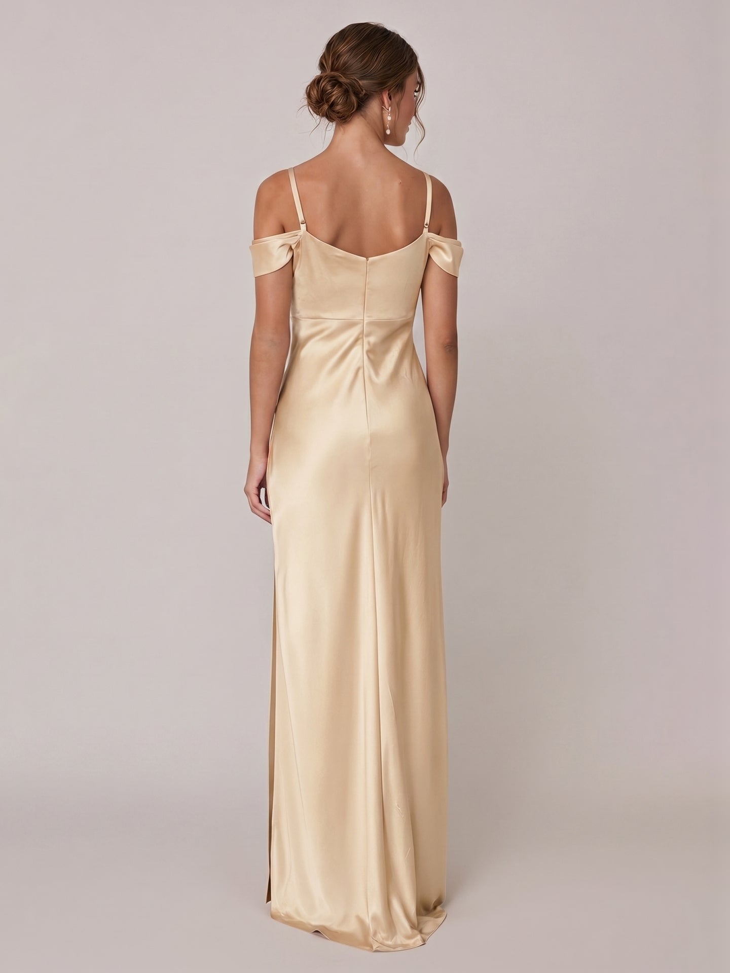 Modest Champagne Satin A-Line Straight Neck Backless Ankle-Length Bridesmaid Dress