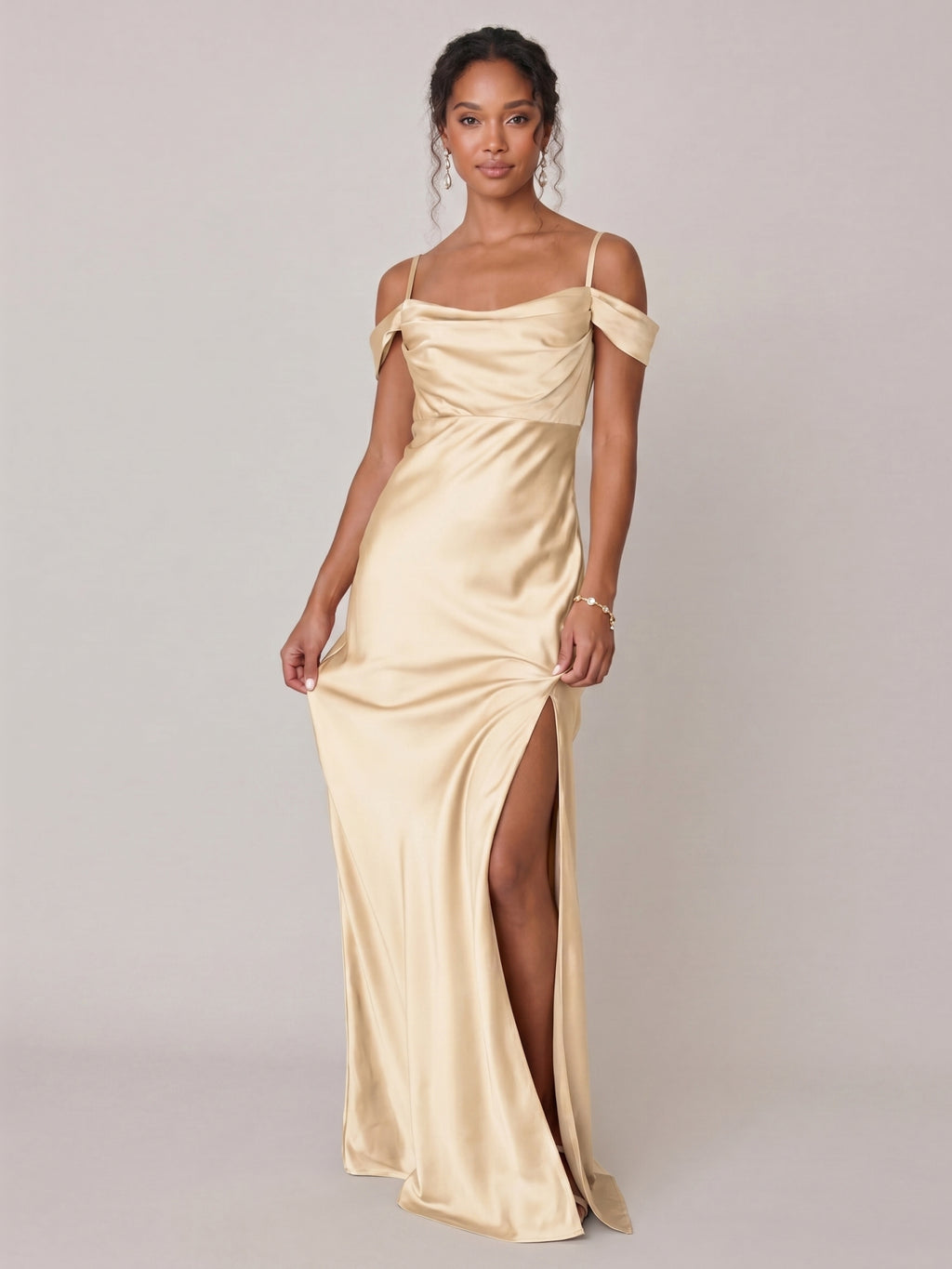 Modest Champagne Satin A-Line Straight Neck Backless Ankle-Length Bridesmaid Dress