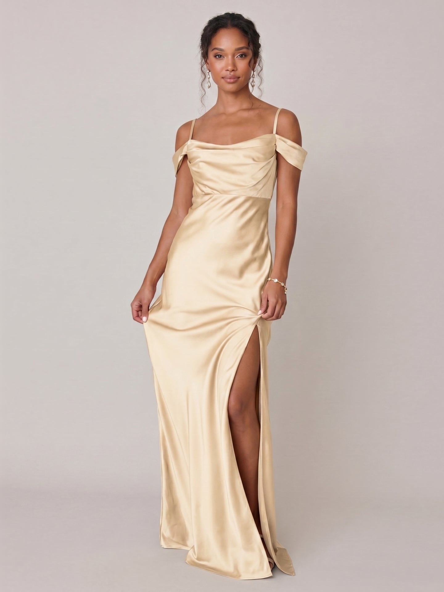 Modest Champagne Satin A-Line Straight Neck Backless Ankle-Length Bridesmaid Dress