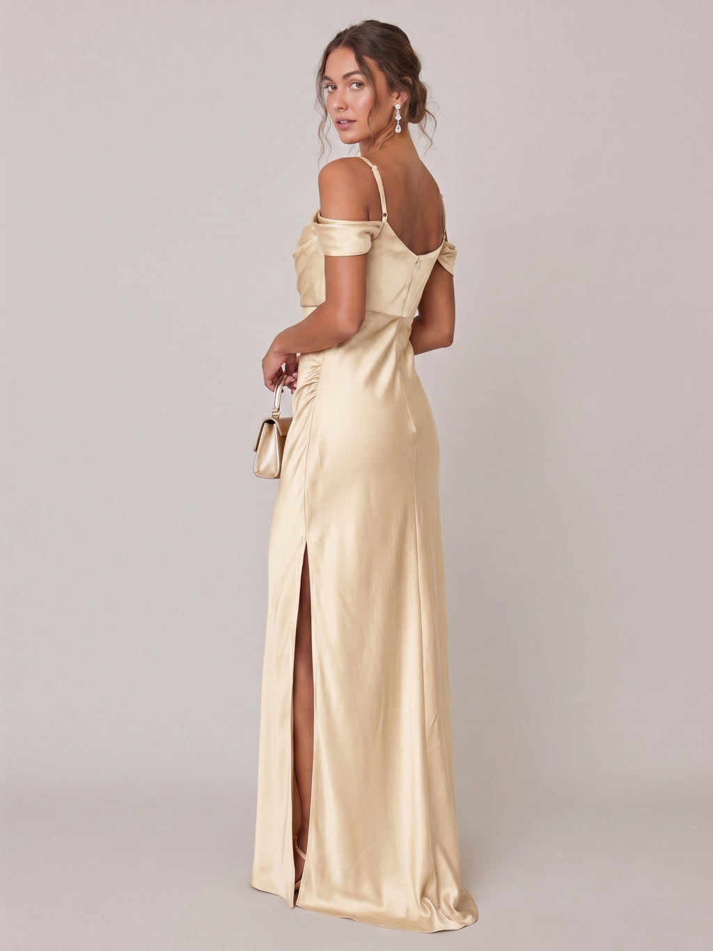 Modest Champagne Satin A-Line Straight Neck Backless Ankle-Length Bridesmaid Dress