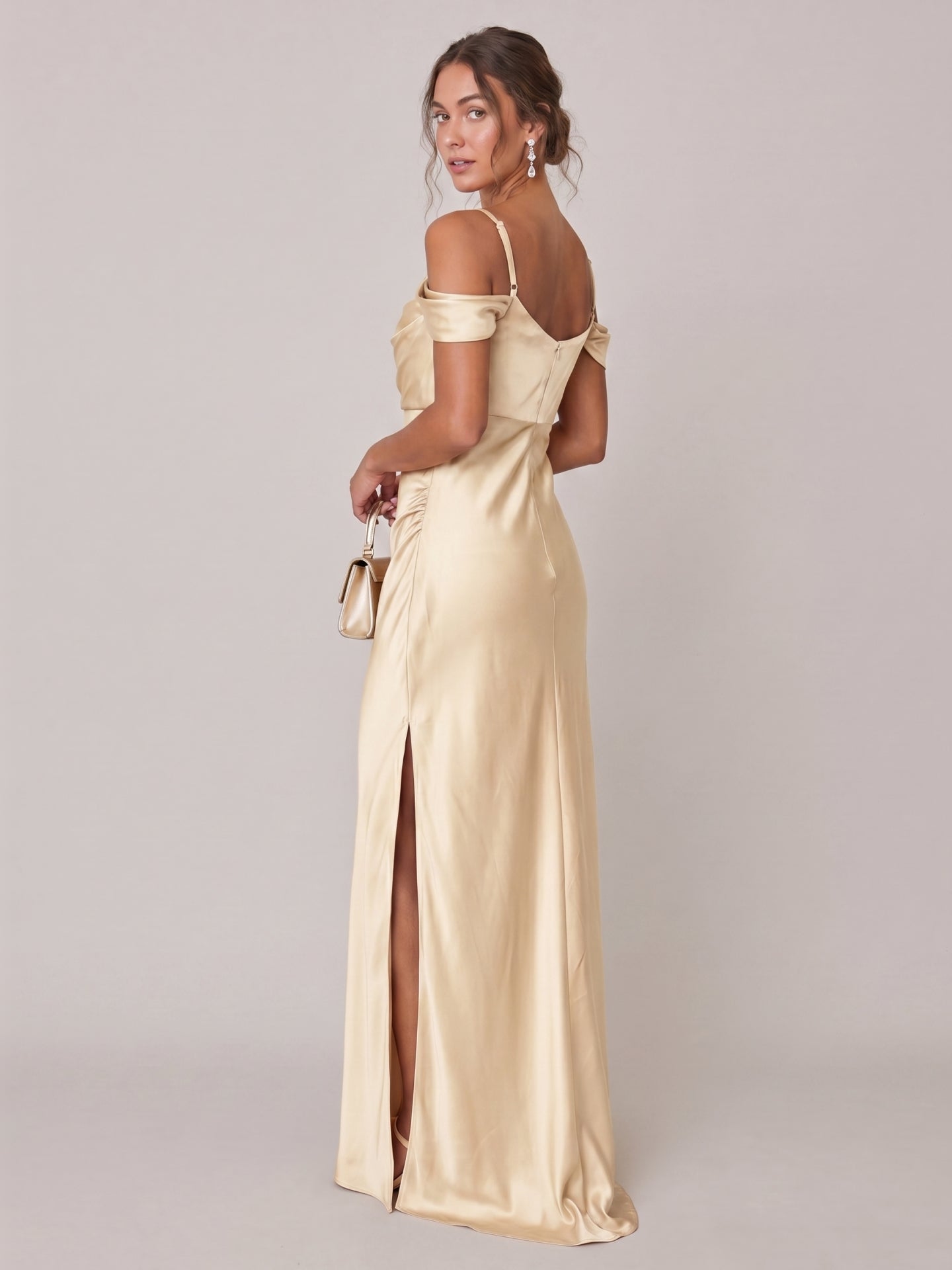 Modest Champagne Satin A-Line Straight Neck Backless Ankle-Length Bridesmaid Dress