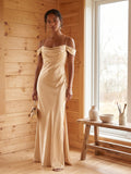 Modest Champagne Satin A-Line Straight Neck Backless Ankle-Length Bridesmaid Dress