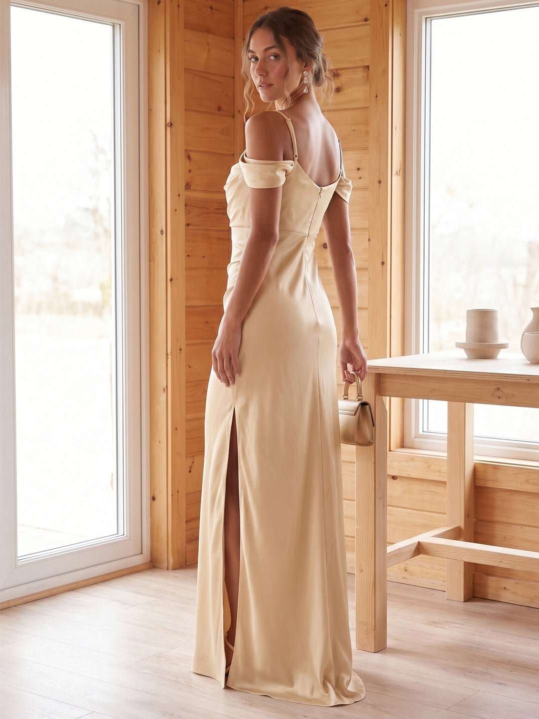 Modest Champagne Satin A-Line Straight Neck Backless Ankle-Length Bridesmaid Dress