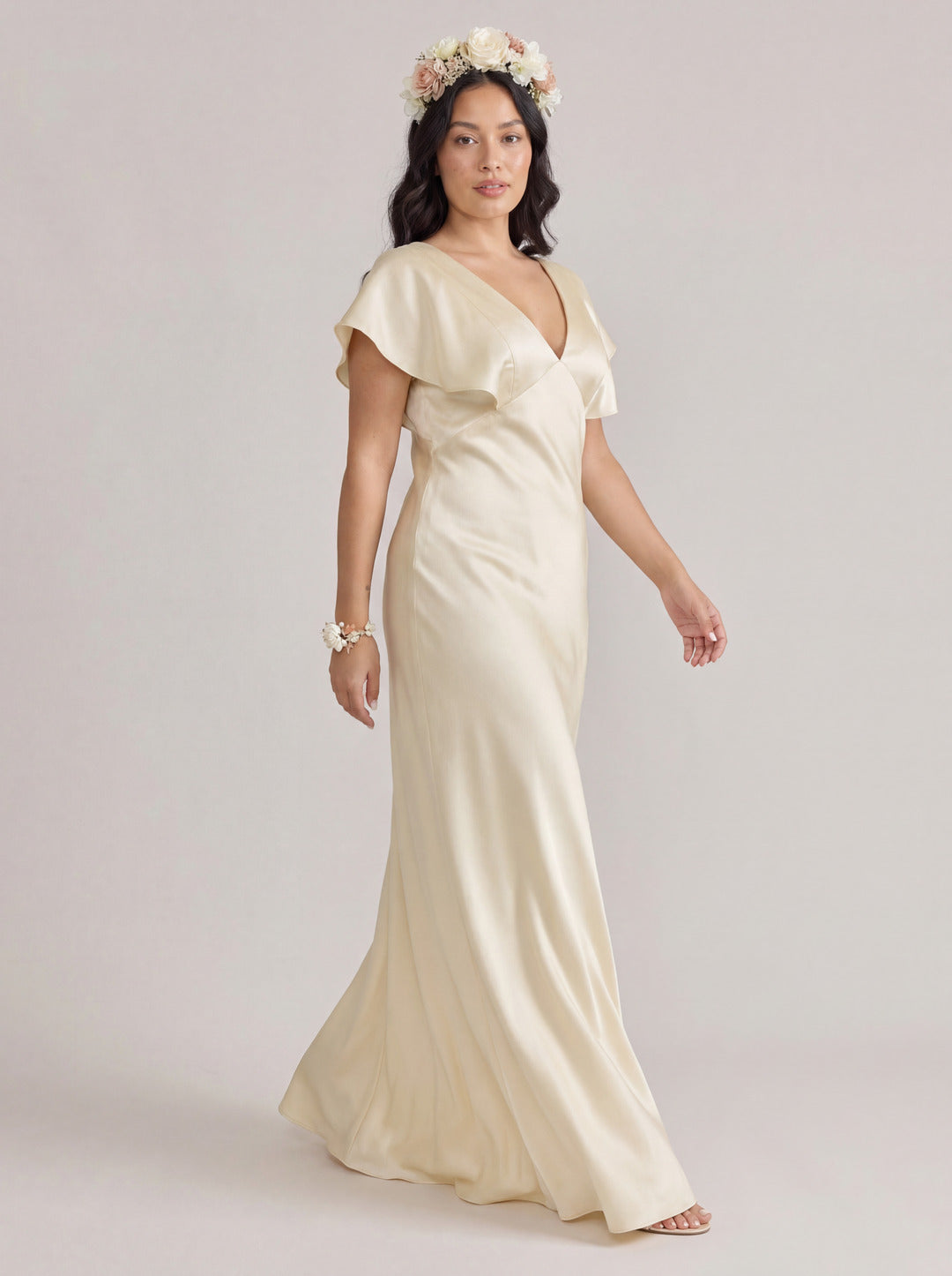 Modest Champagne Satin Sheath V-Neck V-Back Ankle-Length Bridesmaid Dress