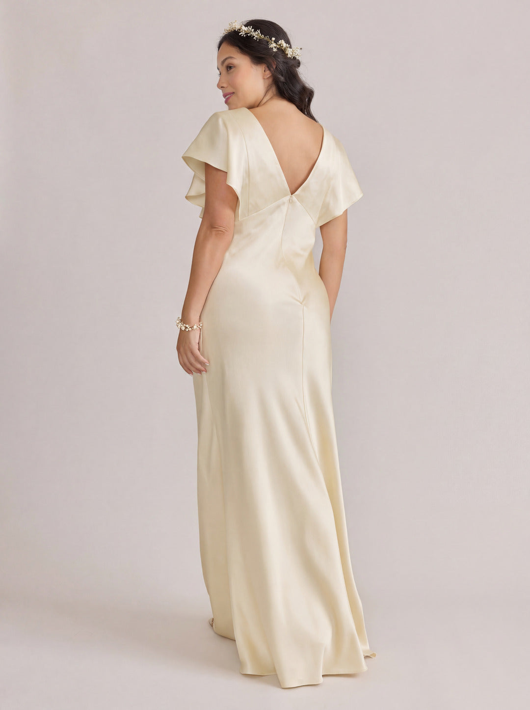 Modest Champagne Satin Sheath V-Neck V-Back Ankle-Length Bridesmaid Dress