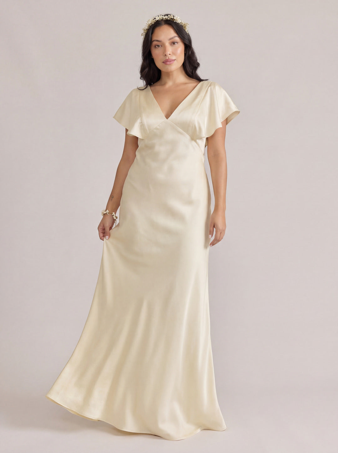 Modest Champagne Satin Sheath V-Neck V-Back Ankle-Length Bridesmaid Dress