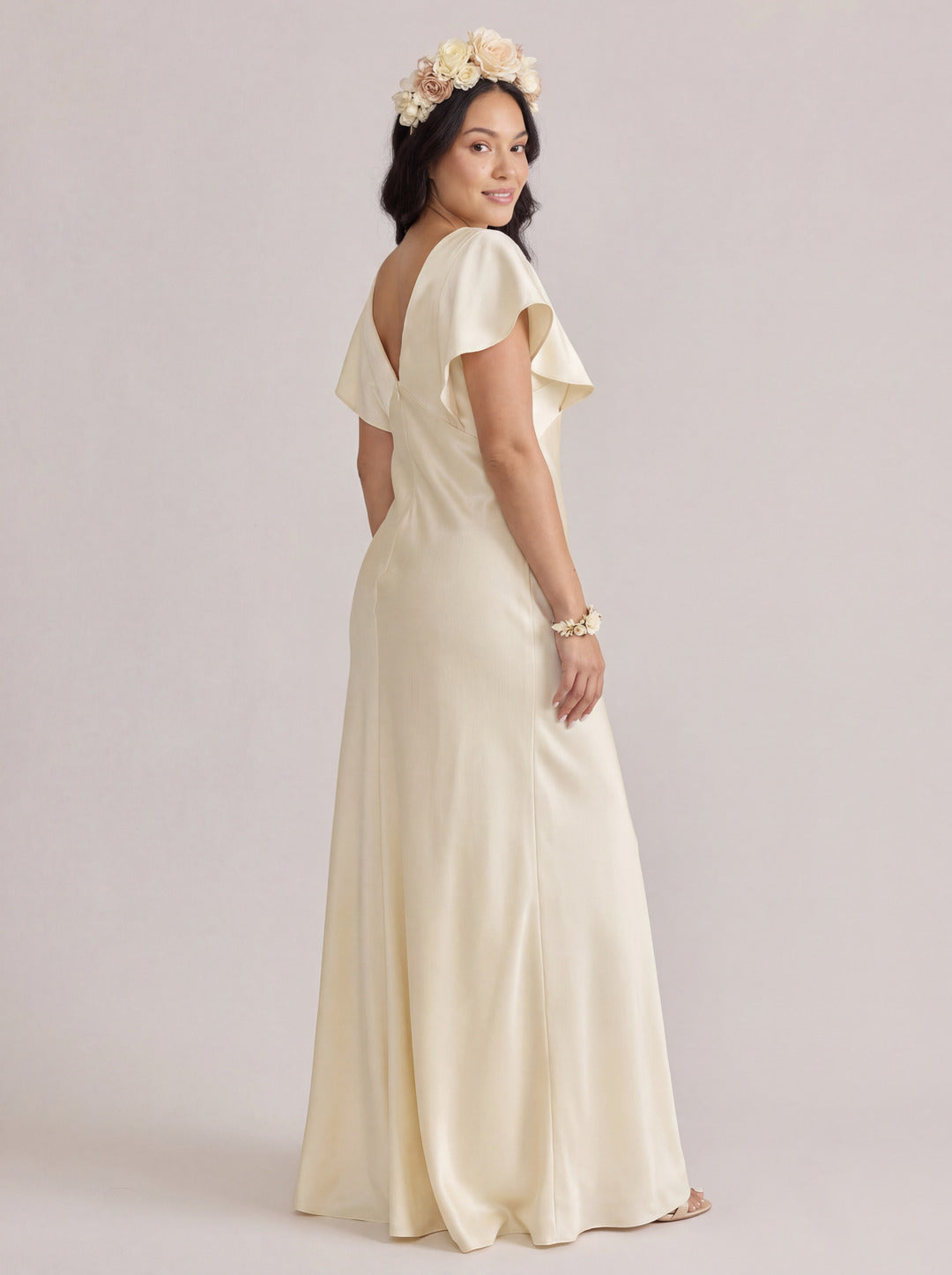 Modest Champagne Satin Sheath V-Neck V-Back Ankle-Length Bridesmaid Dress