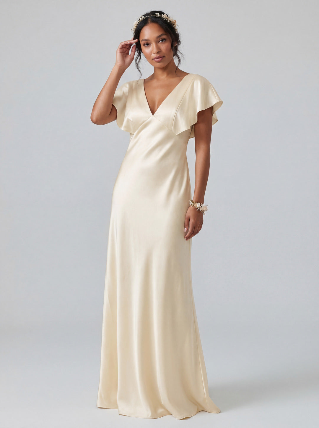 Modest Champagne Satin Sheath V-Neck V-Back Ankle-Length Bridesmaid Dress
