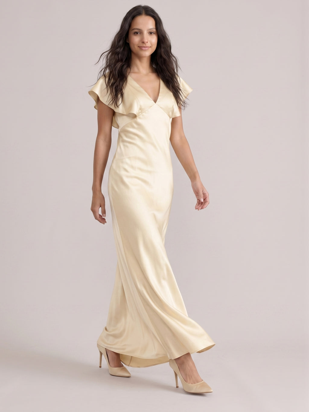 Modest Champagne Satin Sheath V-Neck V-Back Ankle-Length Bridesmaid Dress